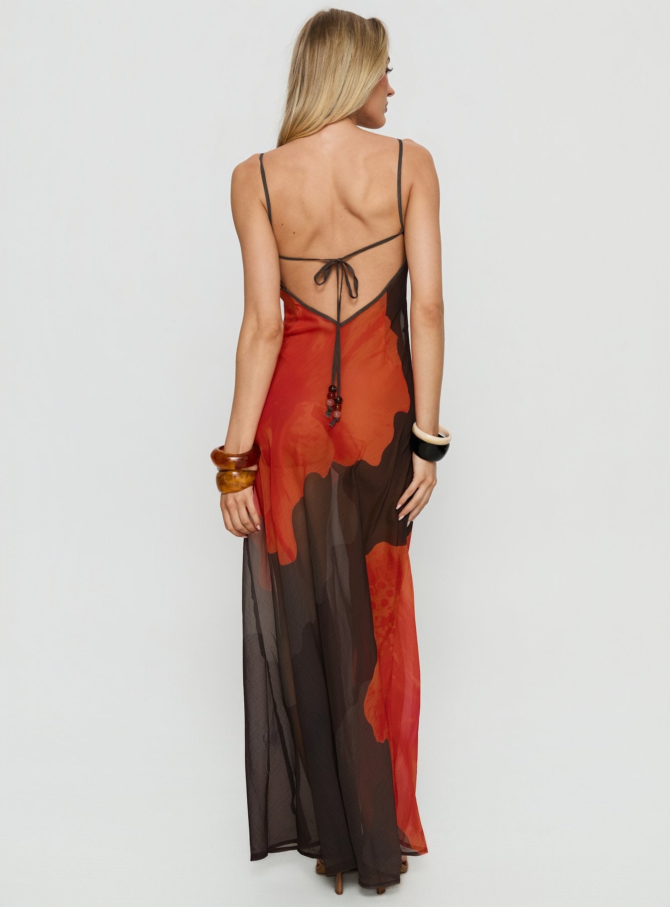 Carita Sheer Chiffon Maxi Dress Brown Orange Floral - Image 5