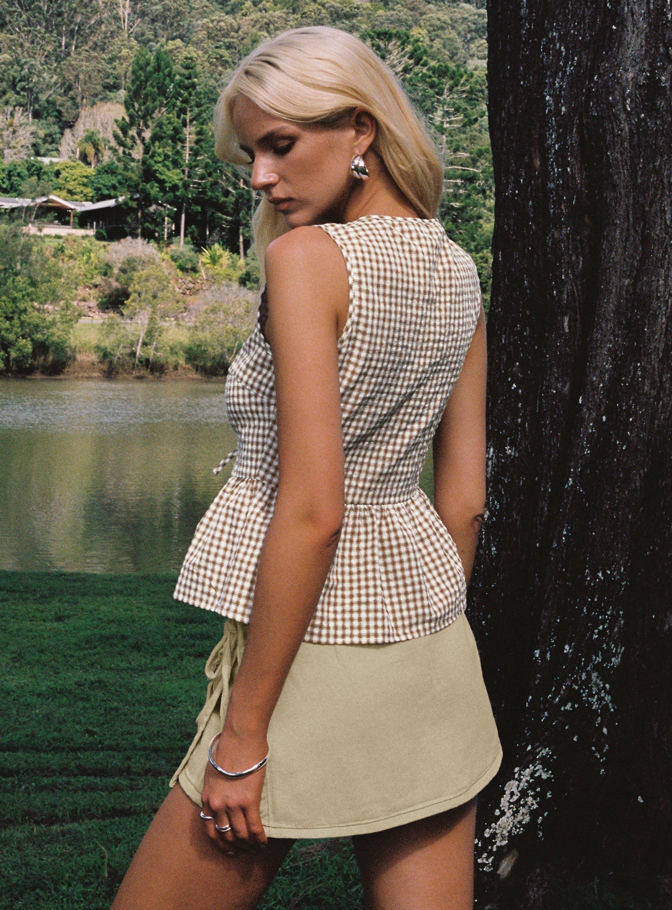 Rosellah Tie Up Top Brown Check - Image 4