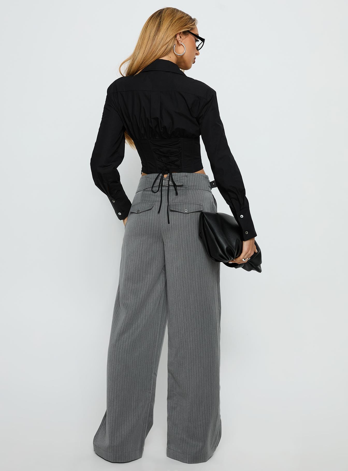 Jinny Relaxed Buckle Tailored Pants Grey Pinstripe - Image 5