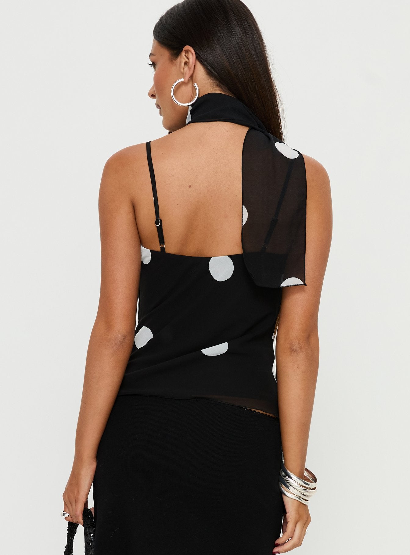Jenae Scarf Detail Cami Top Black White Polka - Image 5