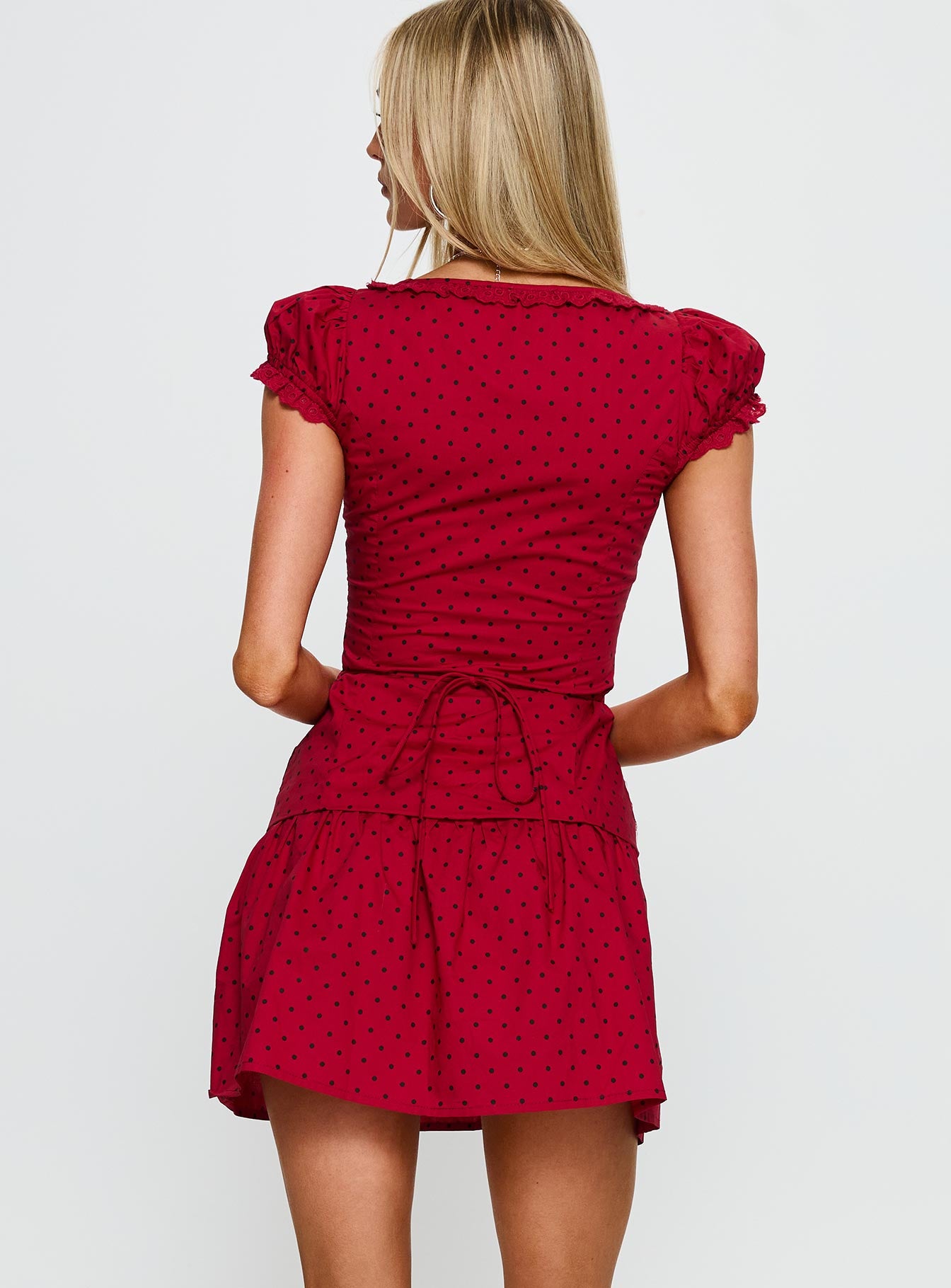 Ottillie Lace Trim Button Down Mini Dress Red Polka Dot - Image 5