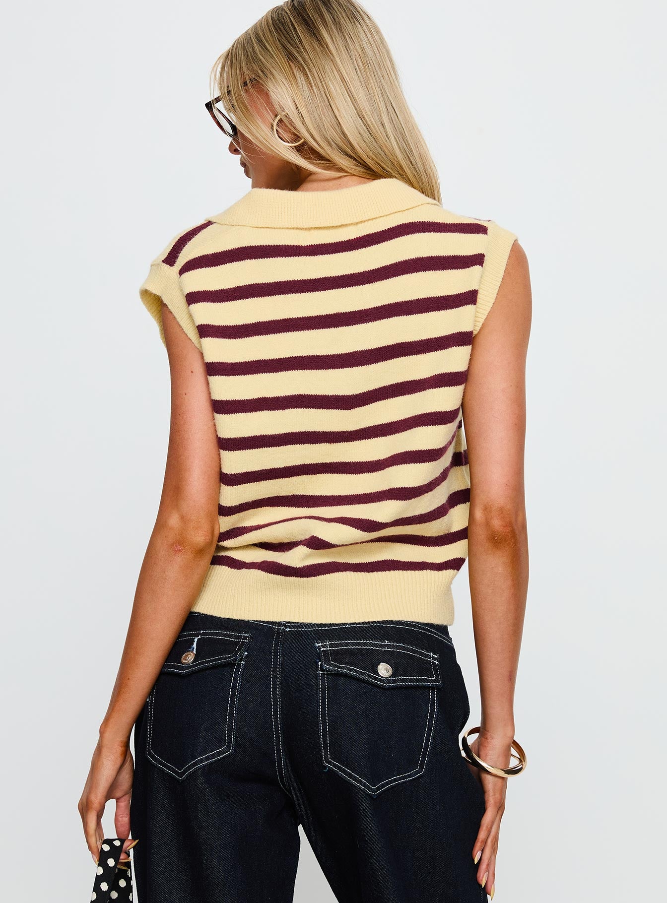 Yuliya Collared Sleeveless Top Lemon Burgundy Stripe - Image 5