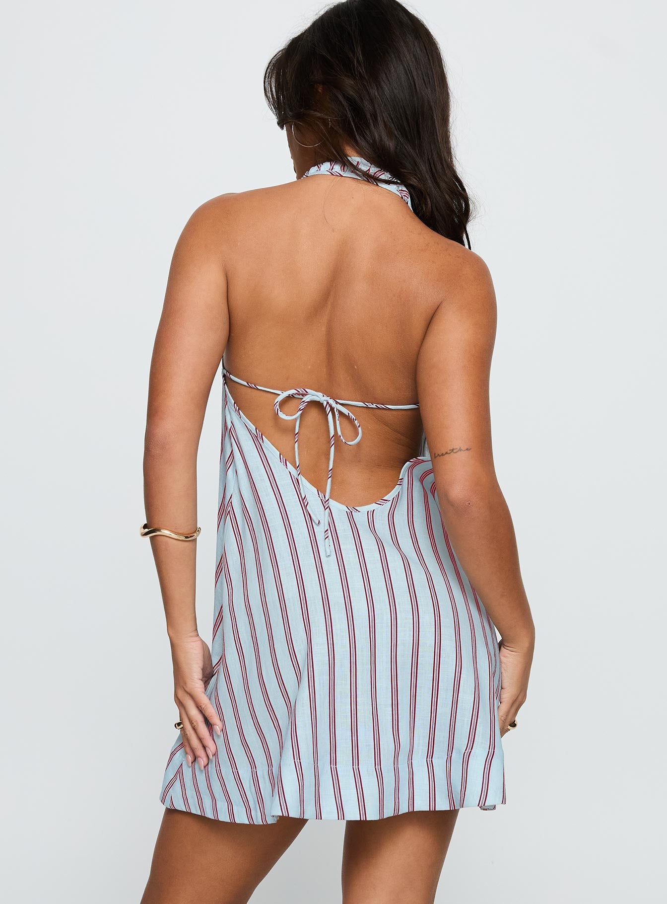Daydreams Linen Blend Halter Mini Dress Blue Maroon Stripe - Image 5