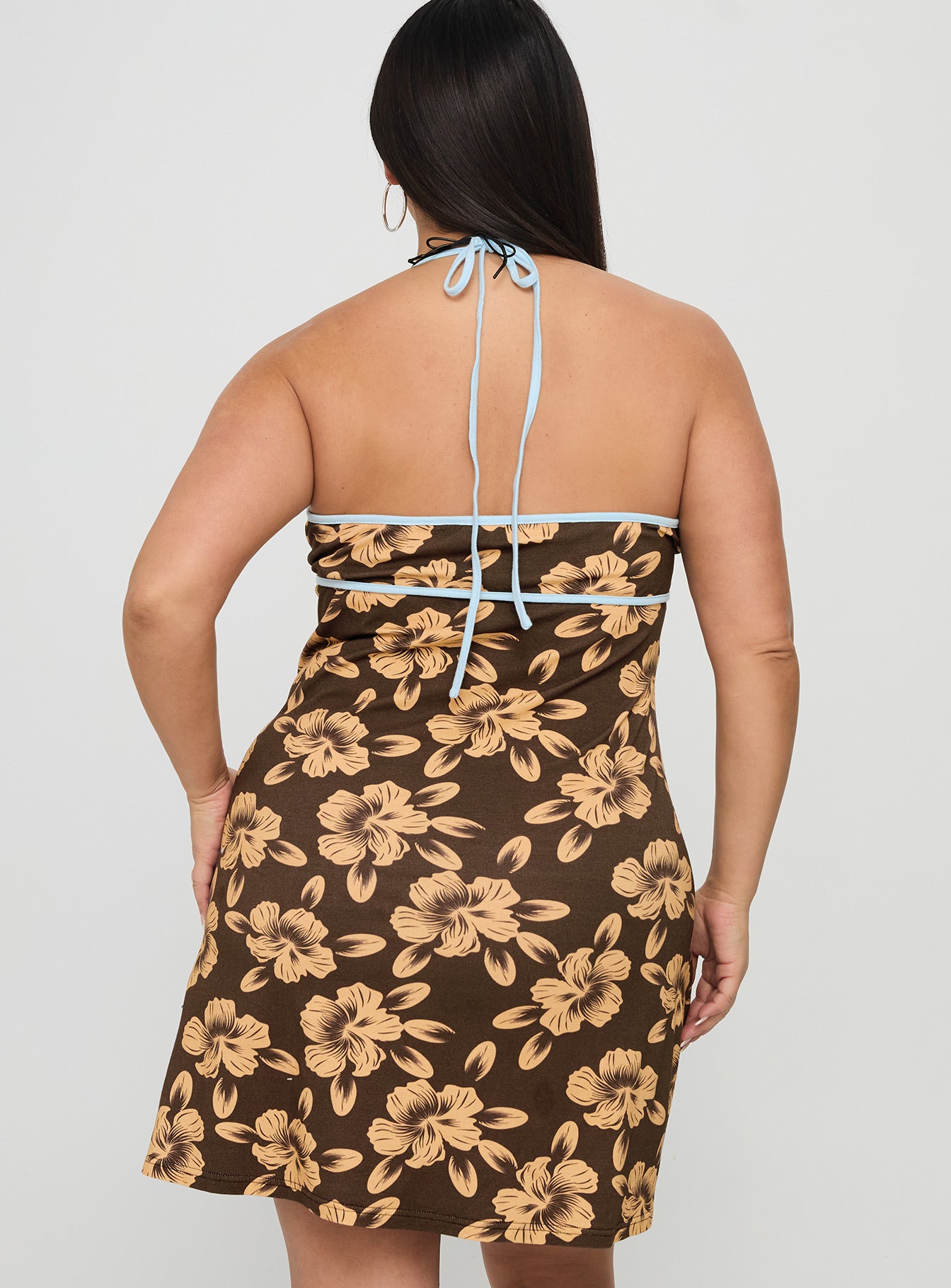 Mishie Halter Mini Dress Brown Blue Floral Curve - Image 5