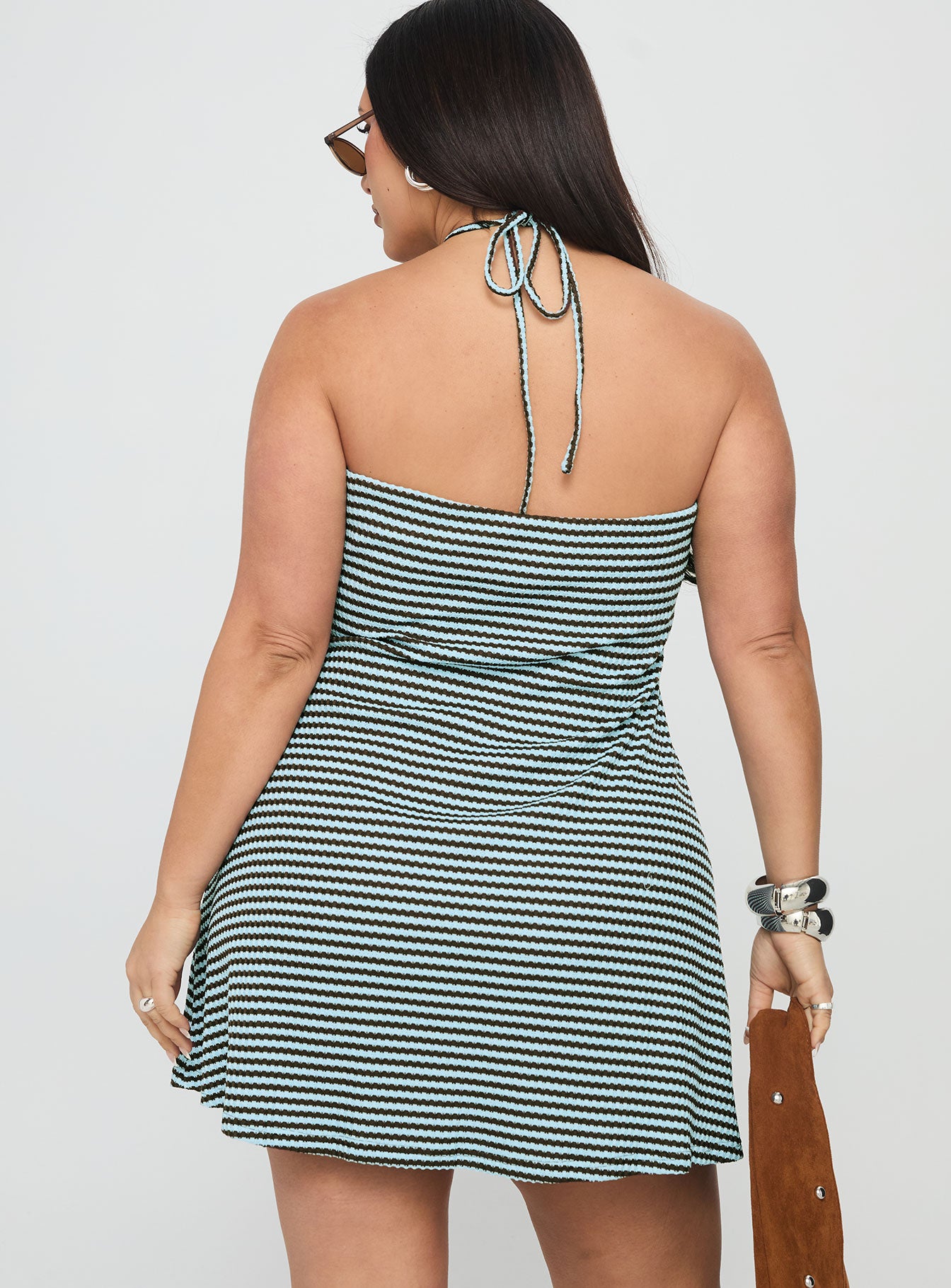 Knoxi Halter Jersey Mini Dress Blue Brown Stripe Curve - Image 5