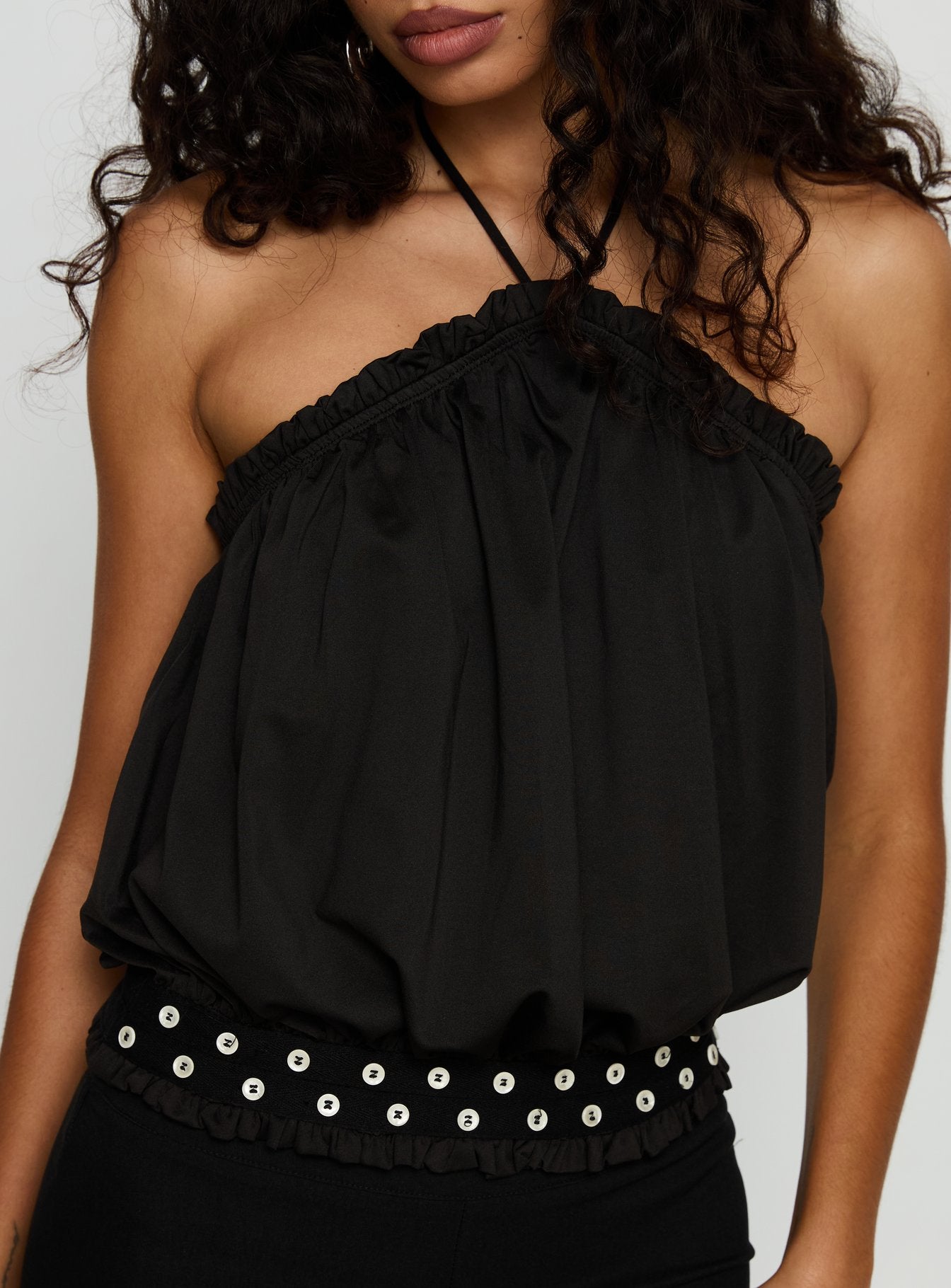 Mikki Tie Neck Button Detail Top Black - Image 6