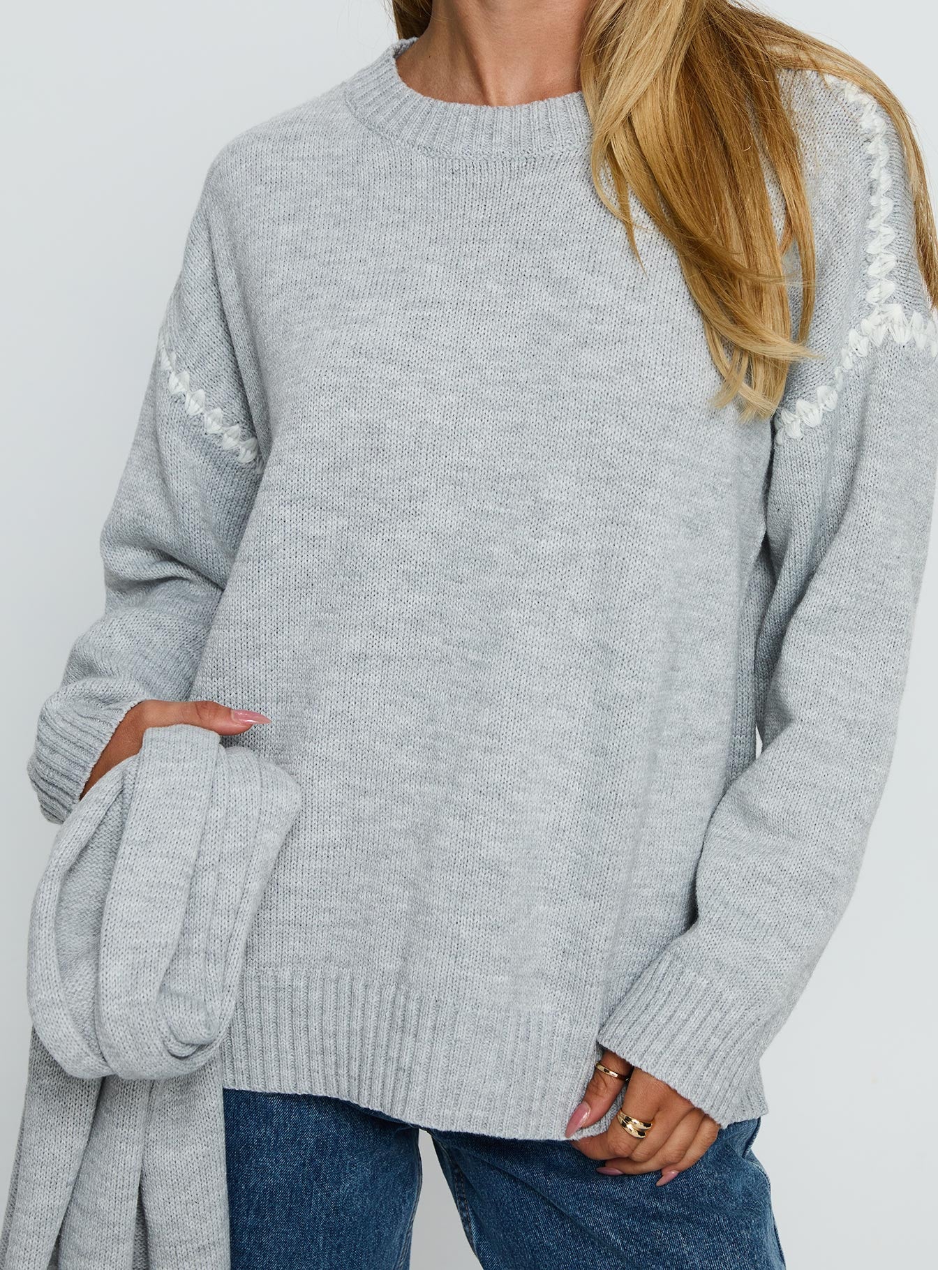 Keriana Contrast Stitch Knit Sweater Grey White - Image 6