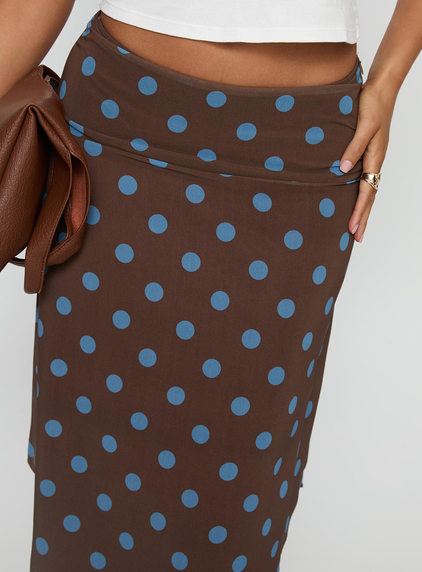 Daphene Asymmetrical Midi Skirt Brown Blue Polka Dot - Image 6