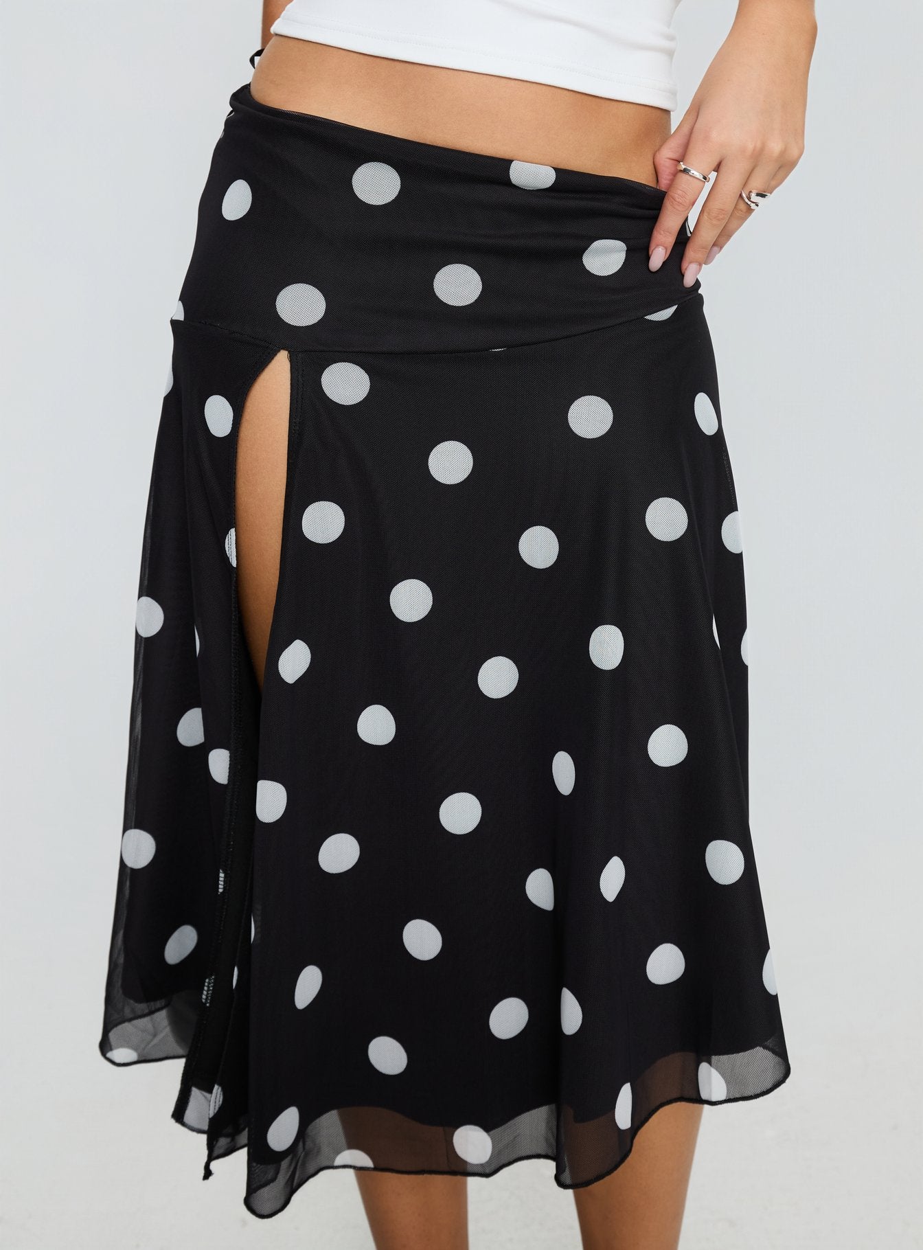 Dulciana High Split Asymmetrical Midi Skirt Black Polka Dot - Image 6