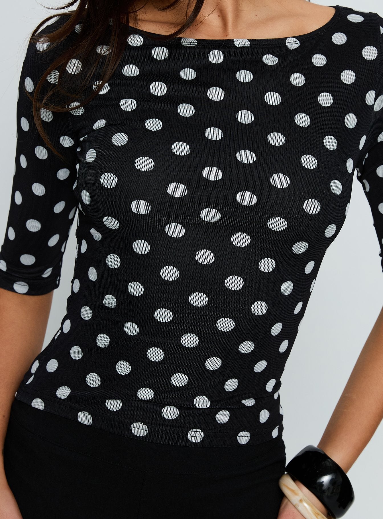 Venna 34 Sleeve Boat Neck Top Black White Polka - Image 6
