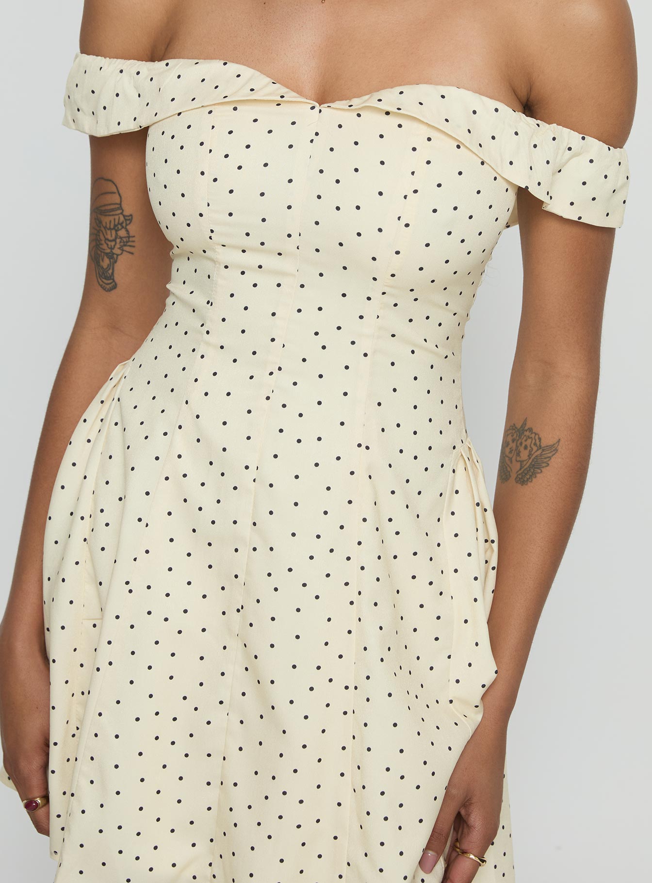 Rosebud Off The Shoulder Mini Dress Yellow Polka Dot - Image 5