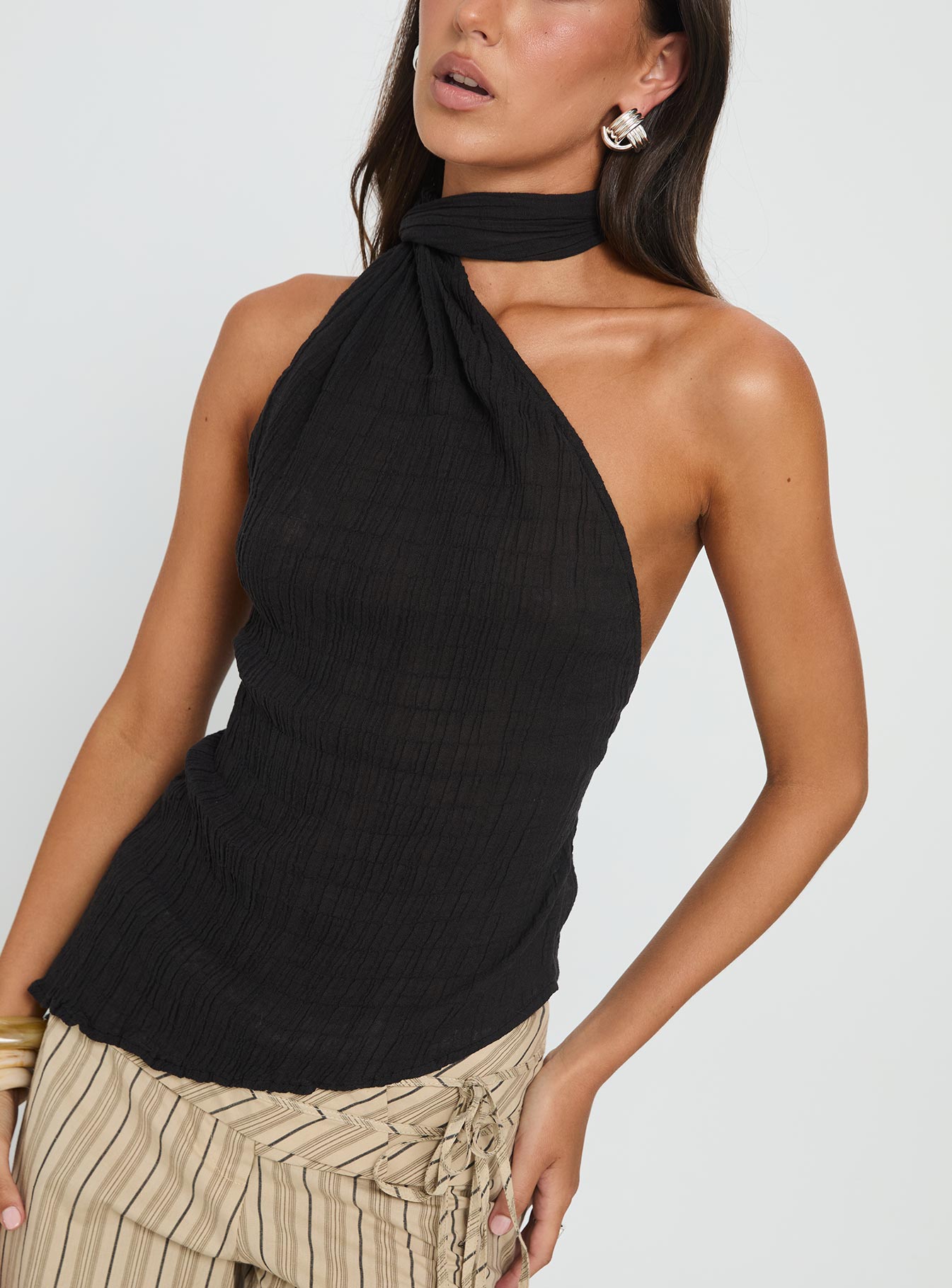 Yaleina One Shoulder Tie Scarf Top Black - Image 6