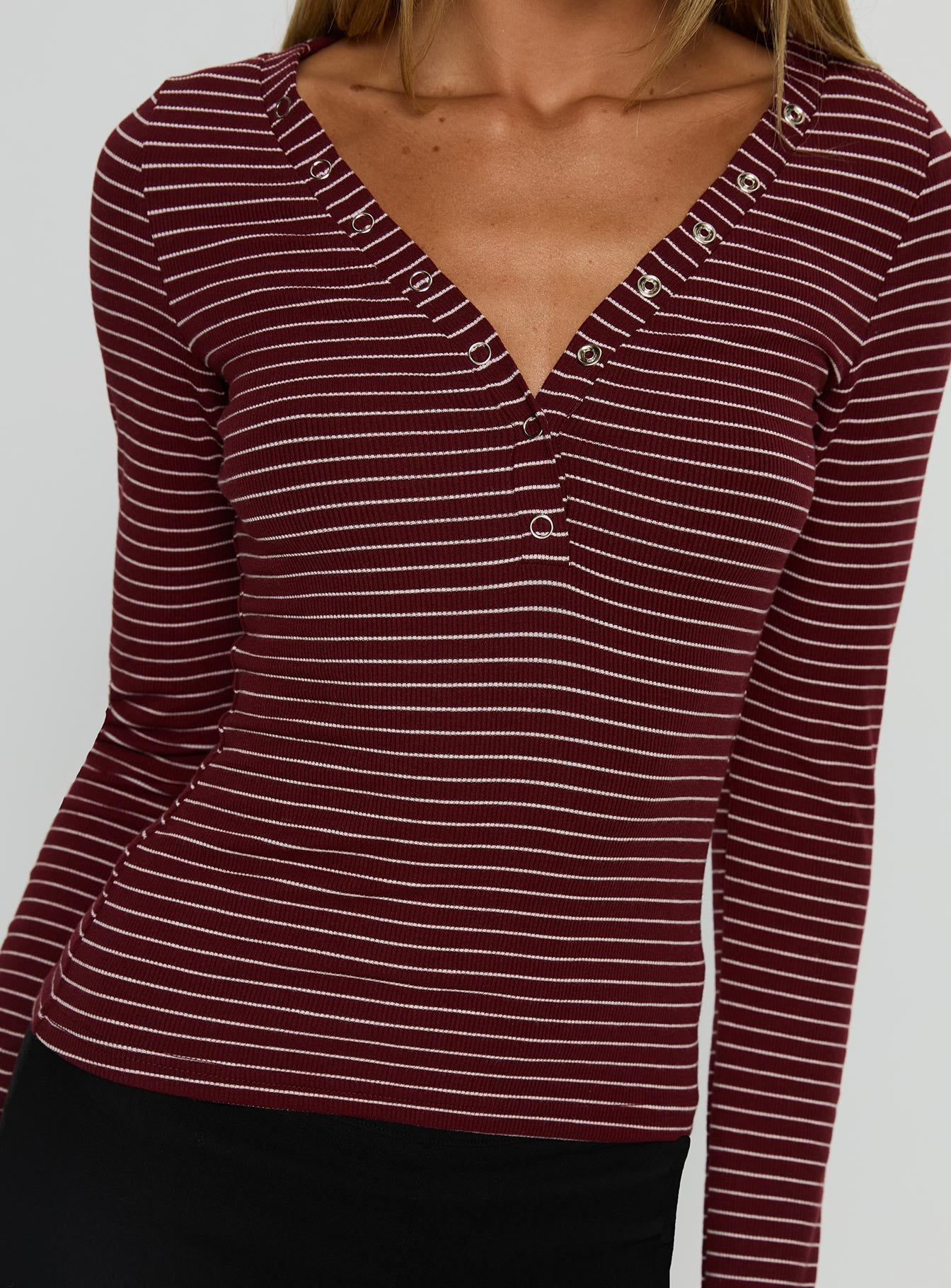Georgeanna Button Up Long Sleeve Top Burgundy Stripe - Image 5