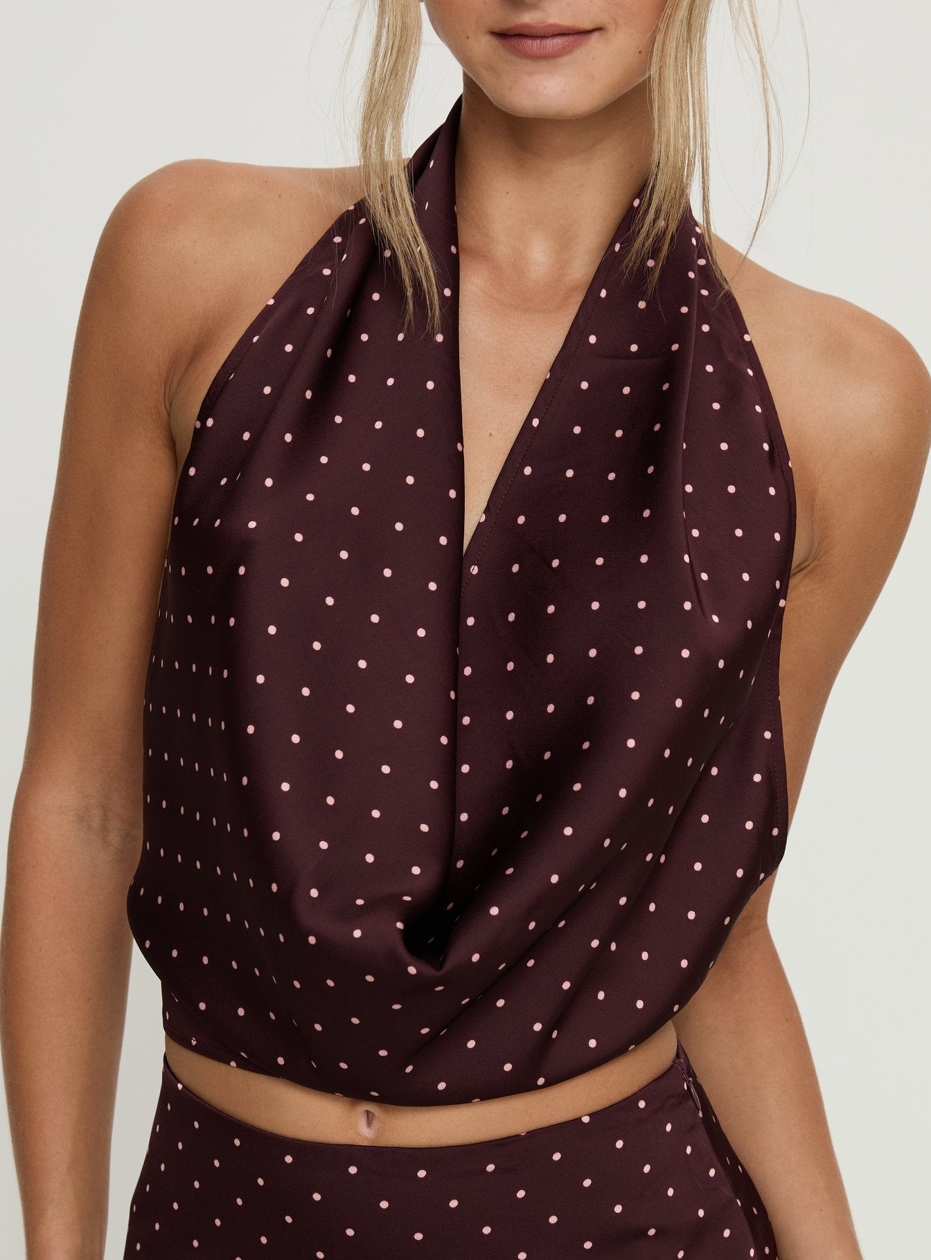 Keiana Plunge Neck Top Burgundy Pink Polka - Image 6