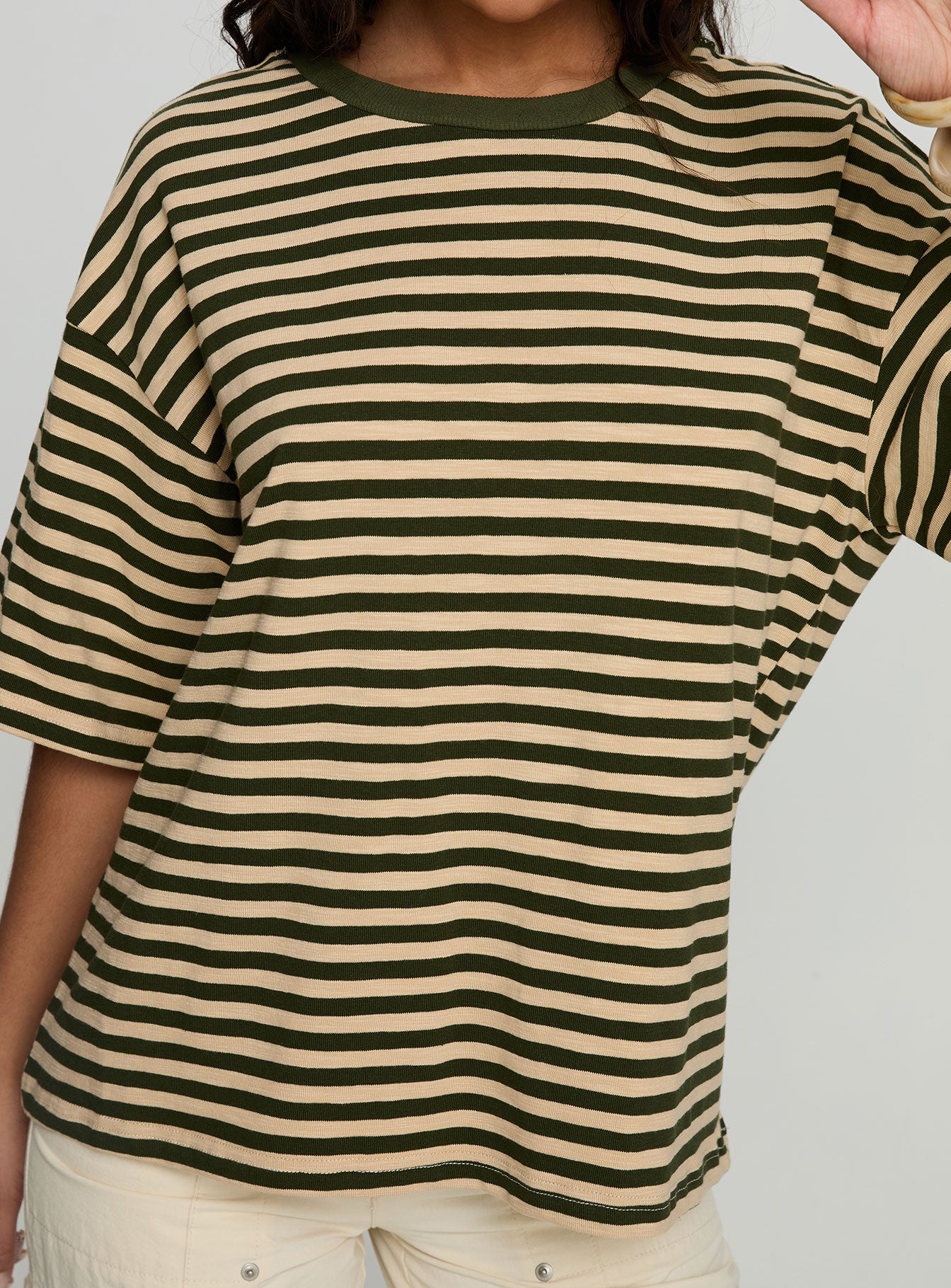 Settle Down Short Sleeve Top Green Cream Stripe - Image 6
