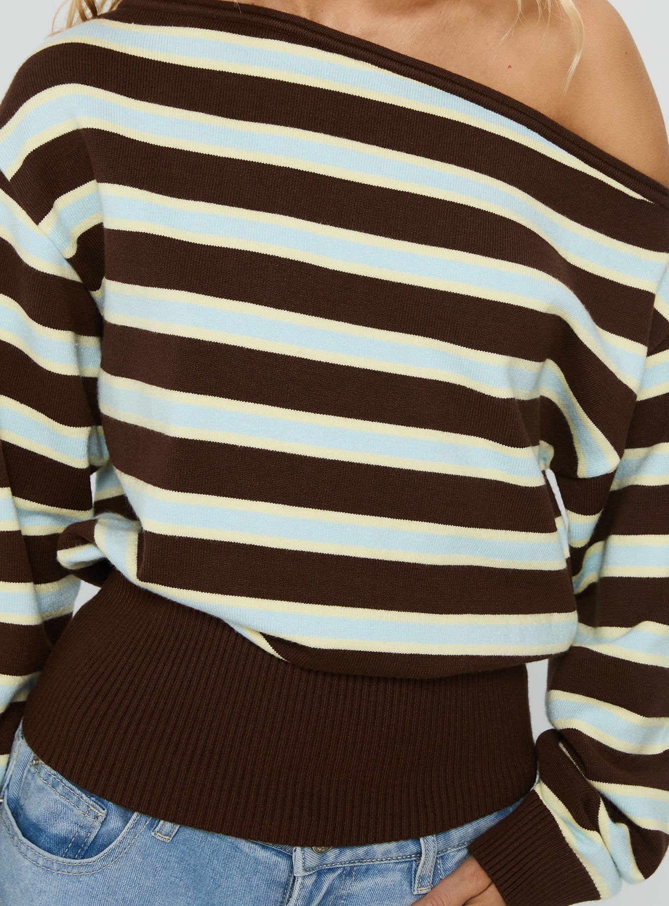 Zinia Off Shoulder Knit Sweater Brown Blue Stripe - Image 6