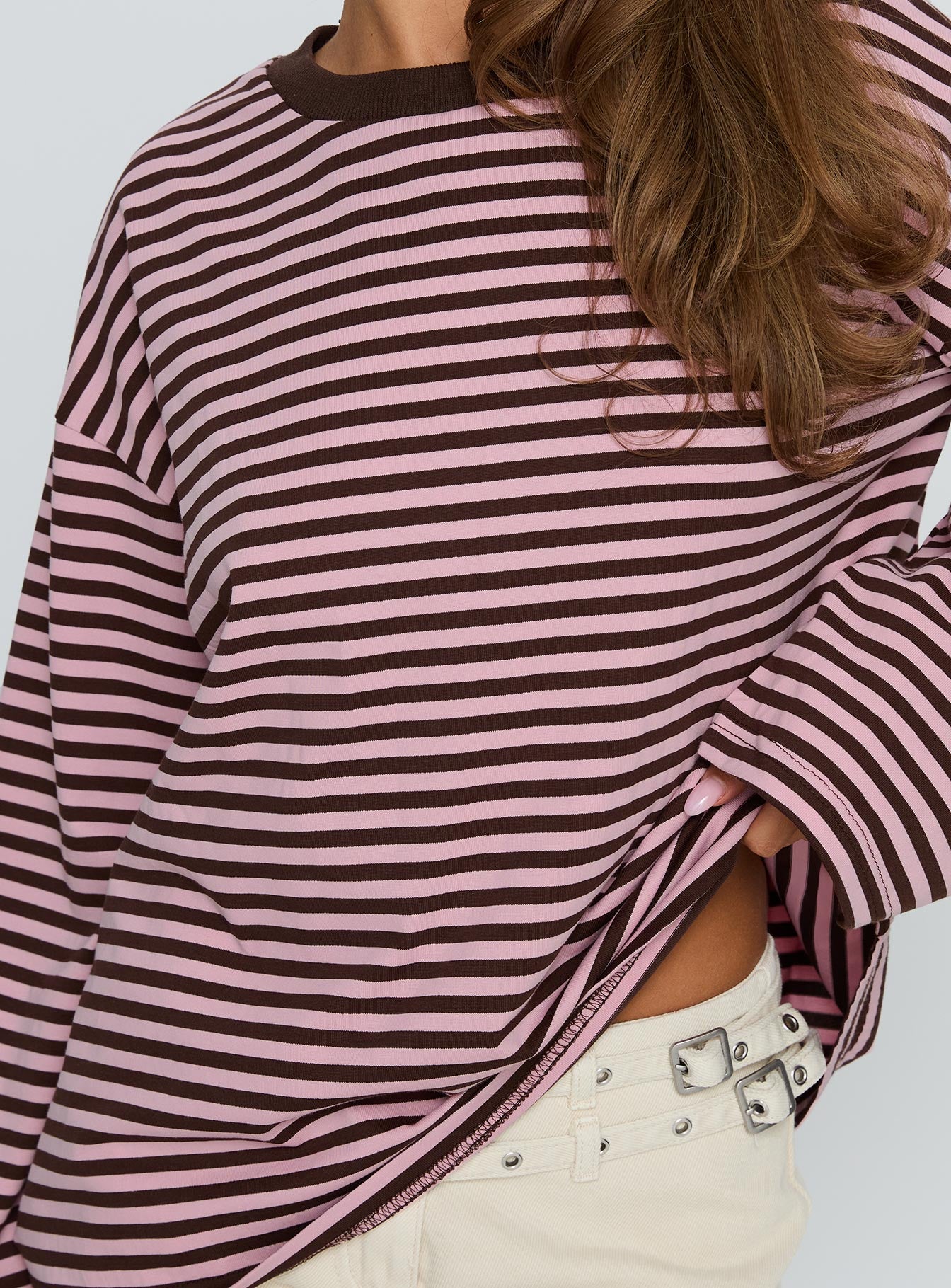 Settle Down Long Sleeve Top Pink Brown Stripe - Image 6
