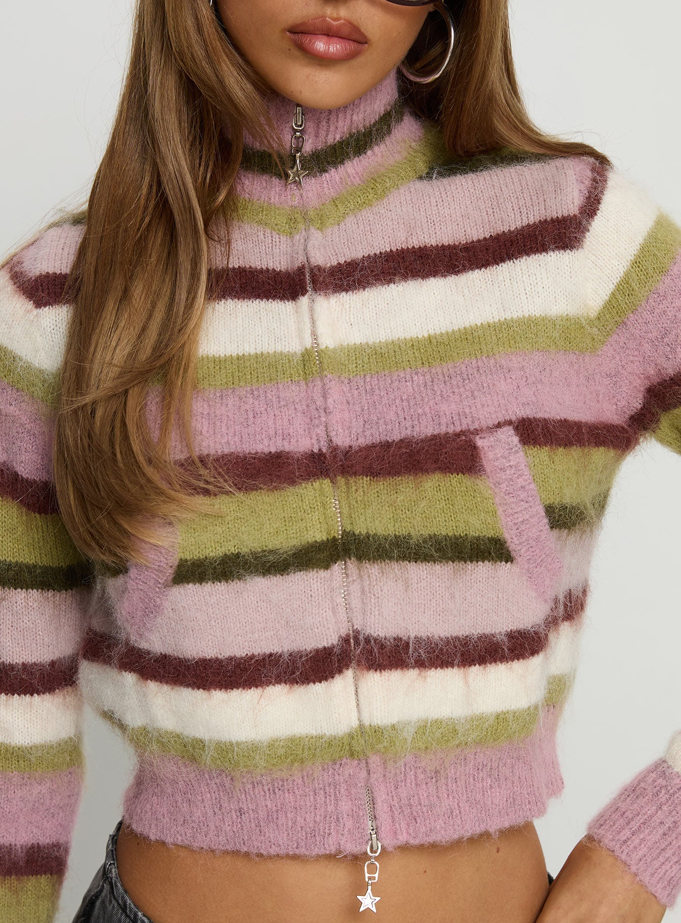 Keeva Zip Through Knit Jumper Pink Green Stripe - Image 6