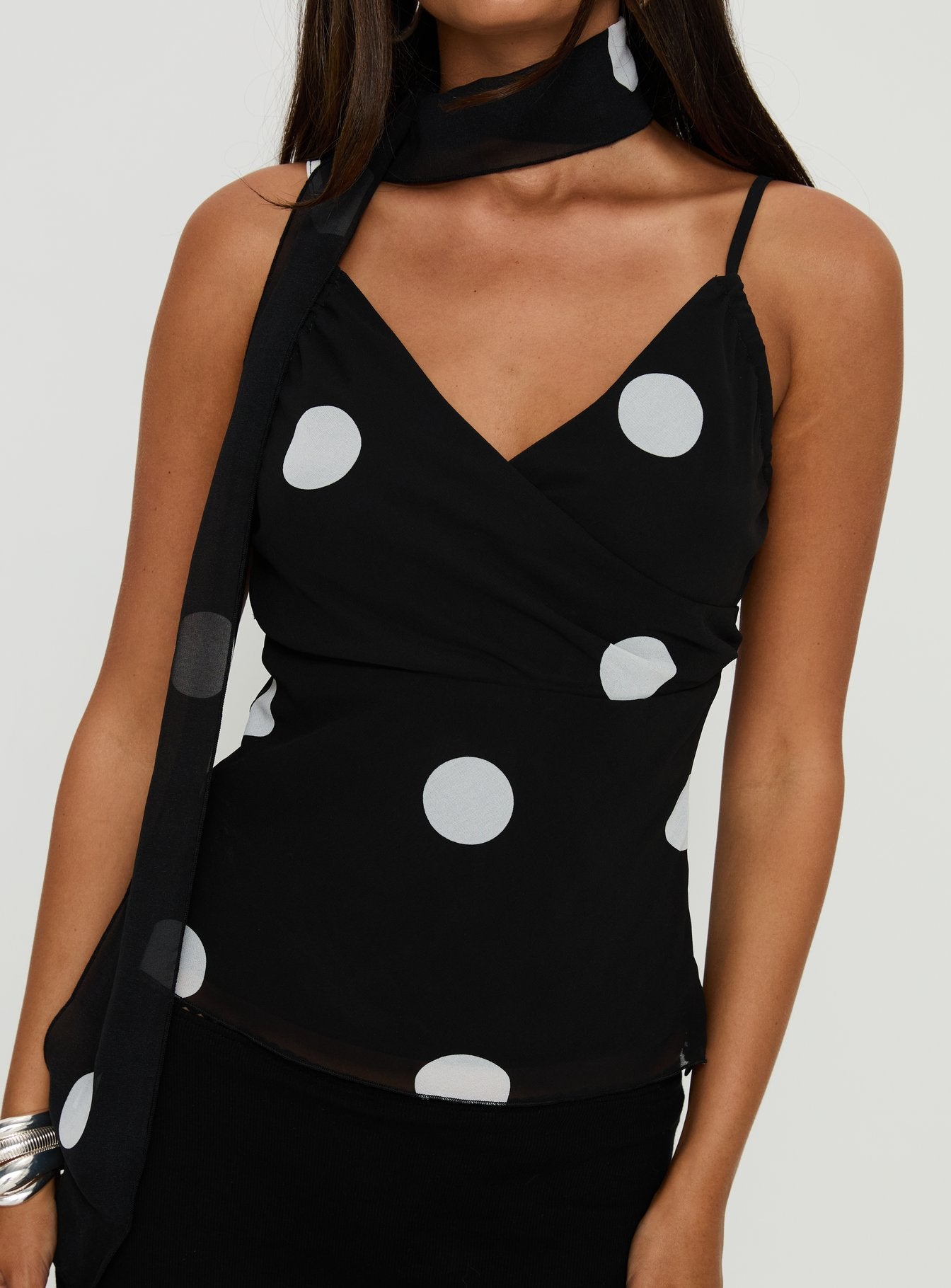 Jenae Scarf Detail Cami Top Black White Polka - Image 6