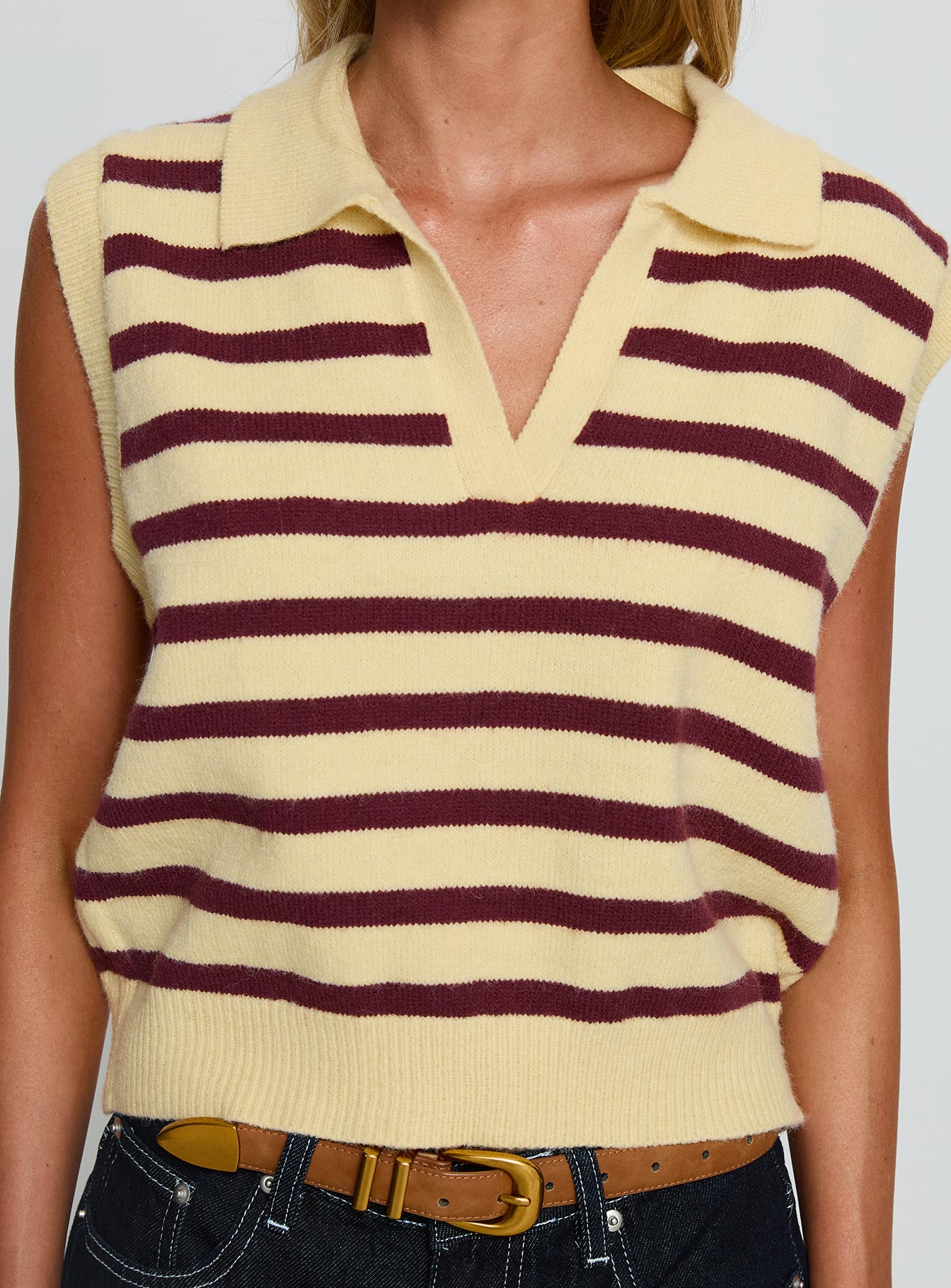 Yuliya Collared Sleeveless Top Lemon Burgundy Stripe - Image 6