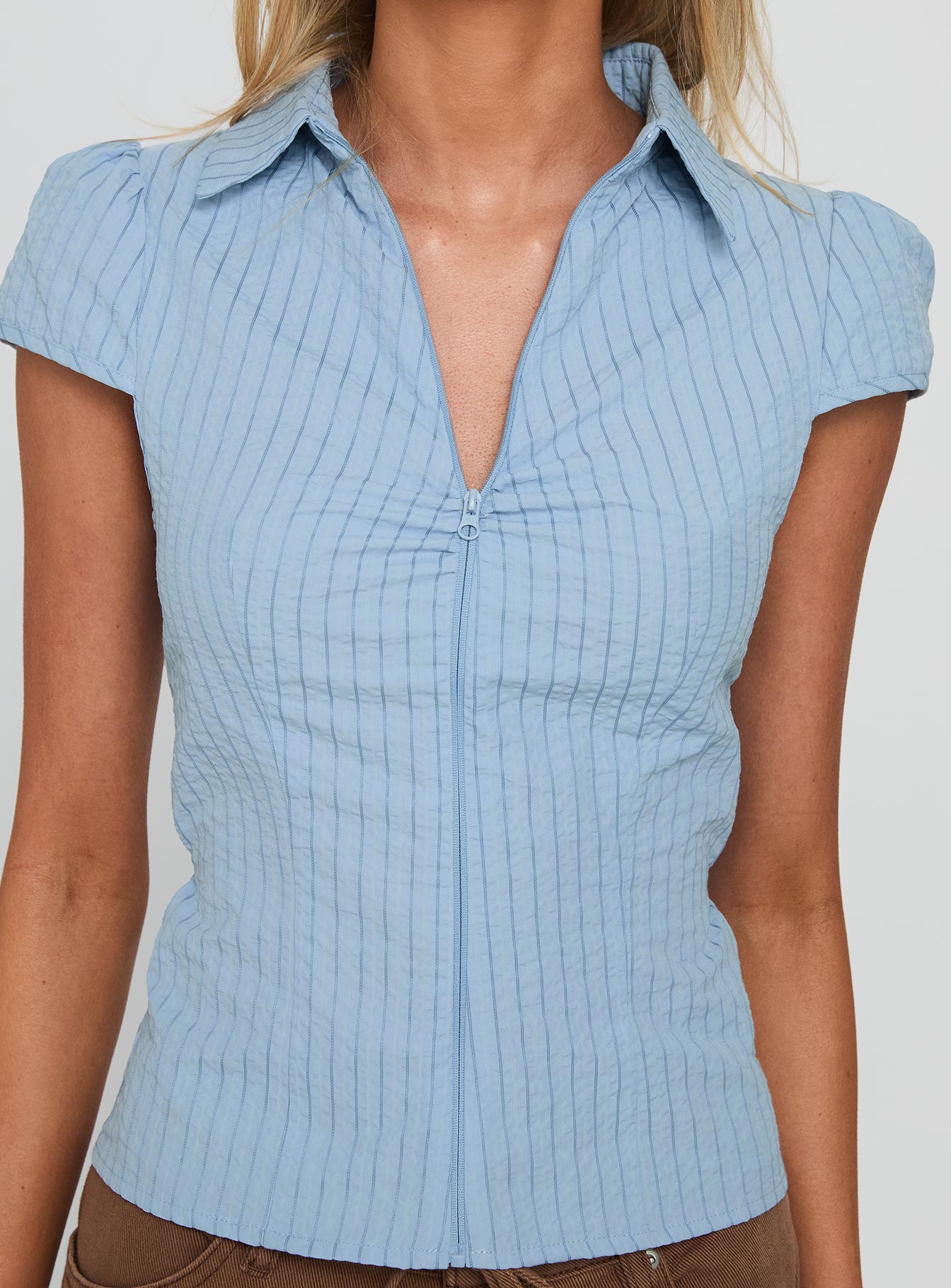 Jerrod Zip Up Short Sleeve Shirt Blue Stripe - Image 6