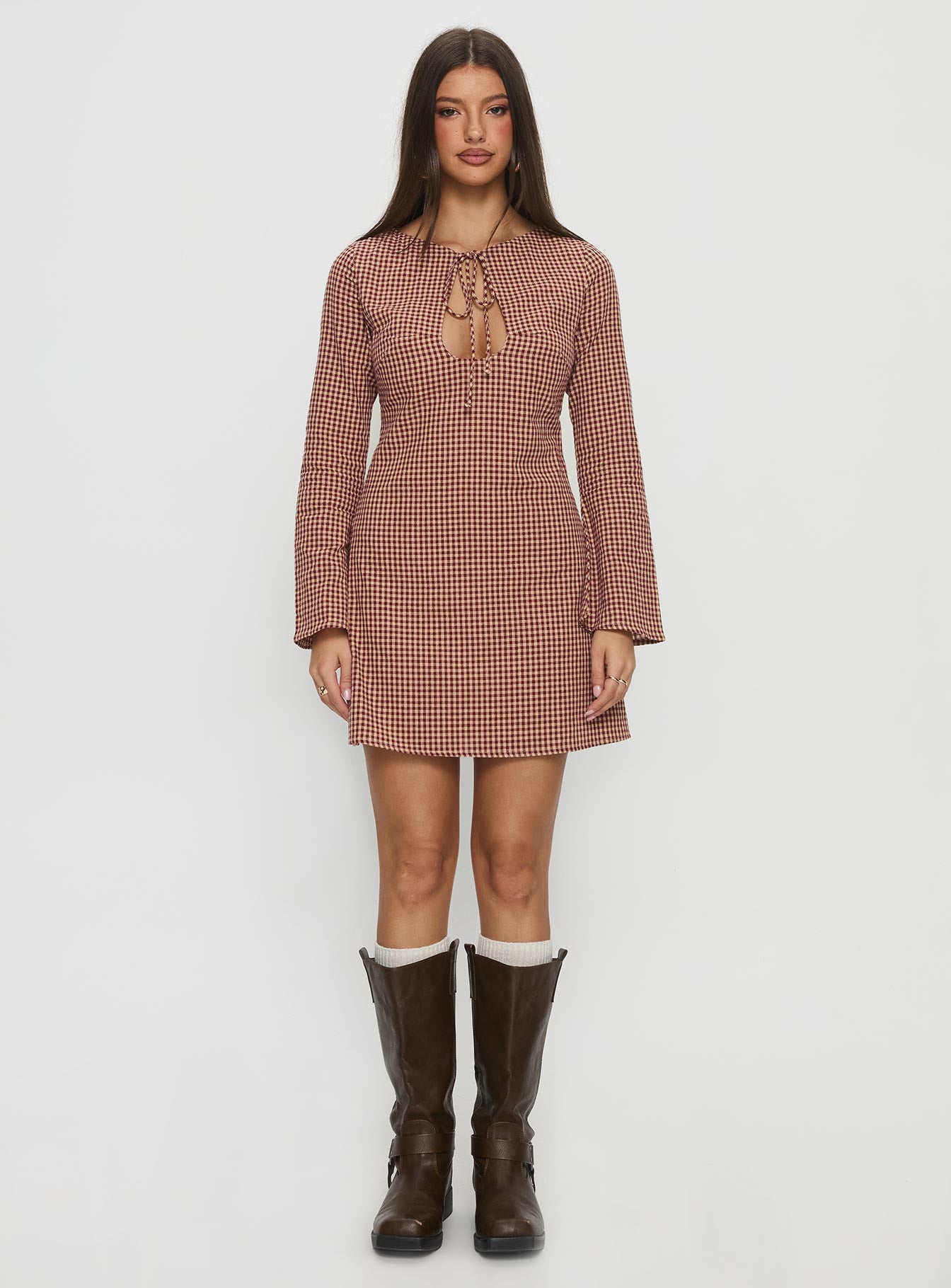 Kassidee Keyhole Long Sleeve Mini Dress Red Check - Image 7