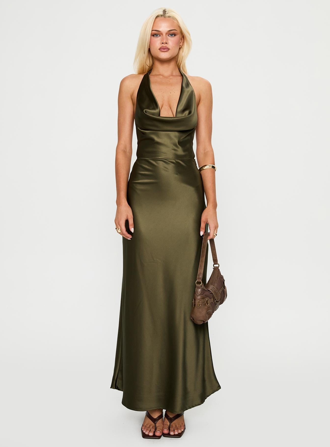 Iridescent Plunge Maxi Dress Olive Green - Image 6