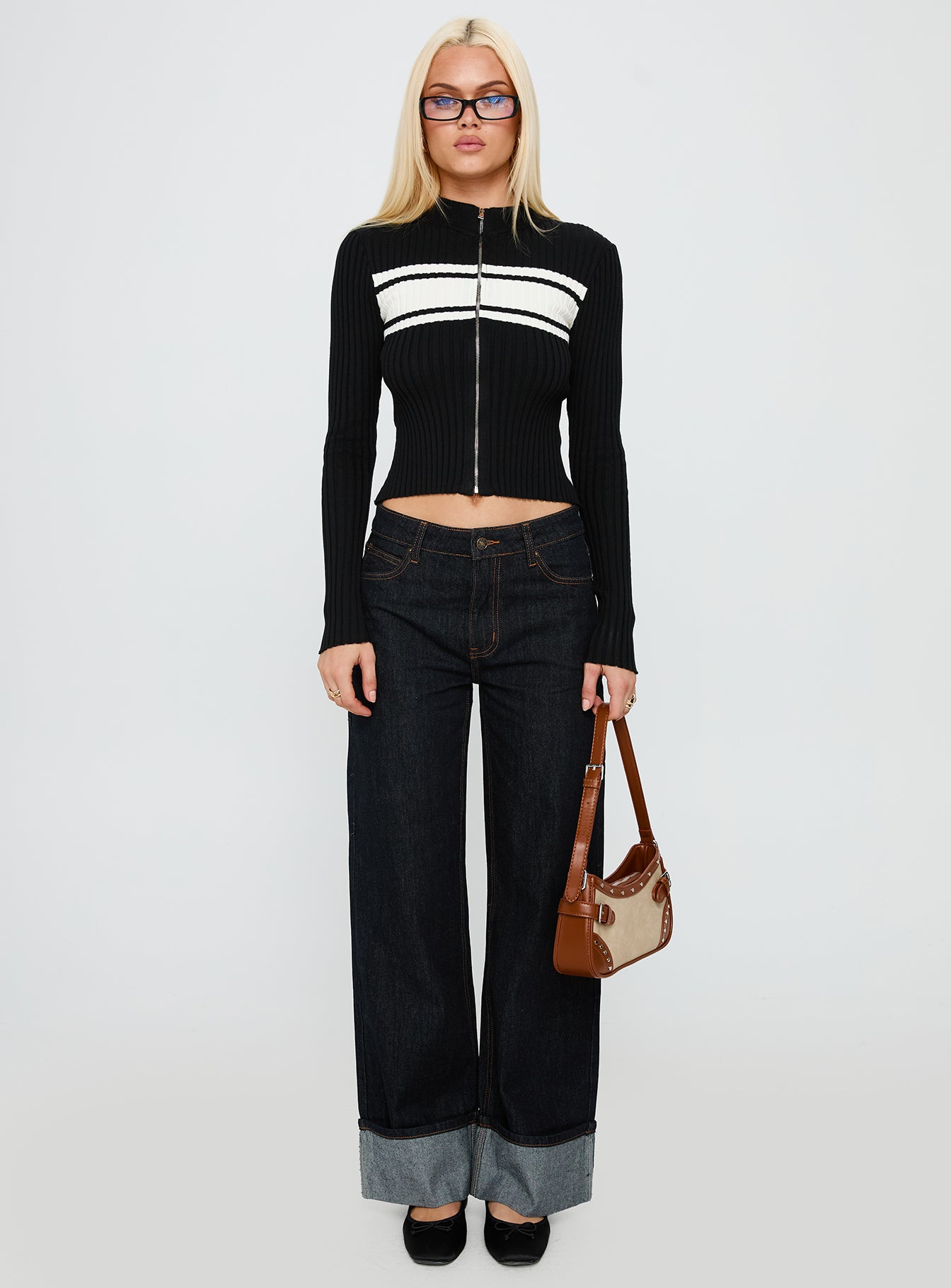 Decisive Zip Through Knit Sweater Black White - Image 7
