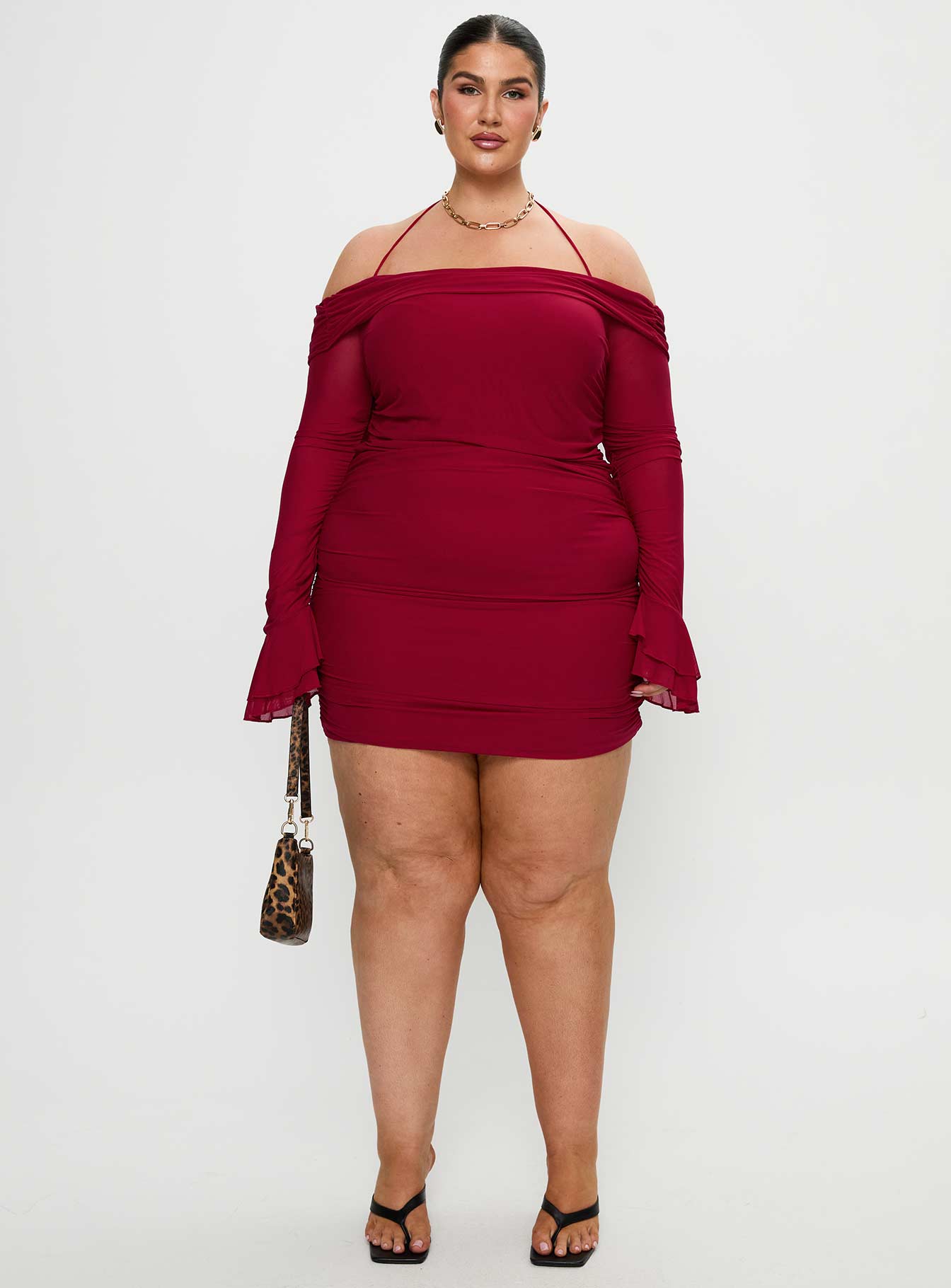 Taylon Off Shoulder Long Sleeve Mini Dress Red Curve - Image 7