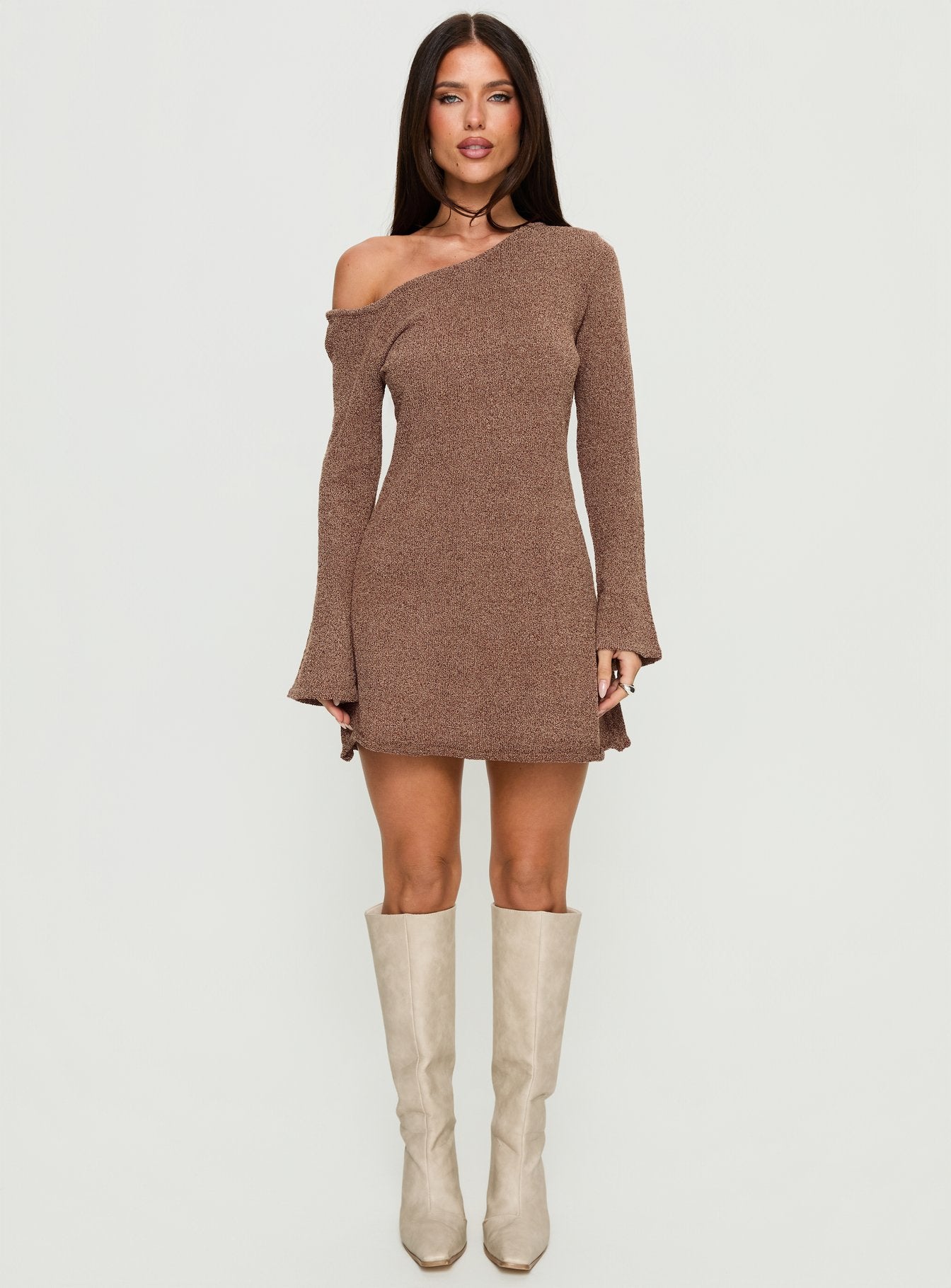 Jaede Off Shoulder Knit Mini Dress Mocha - Image 6