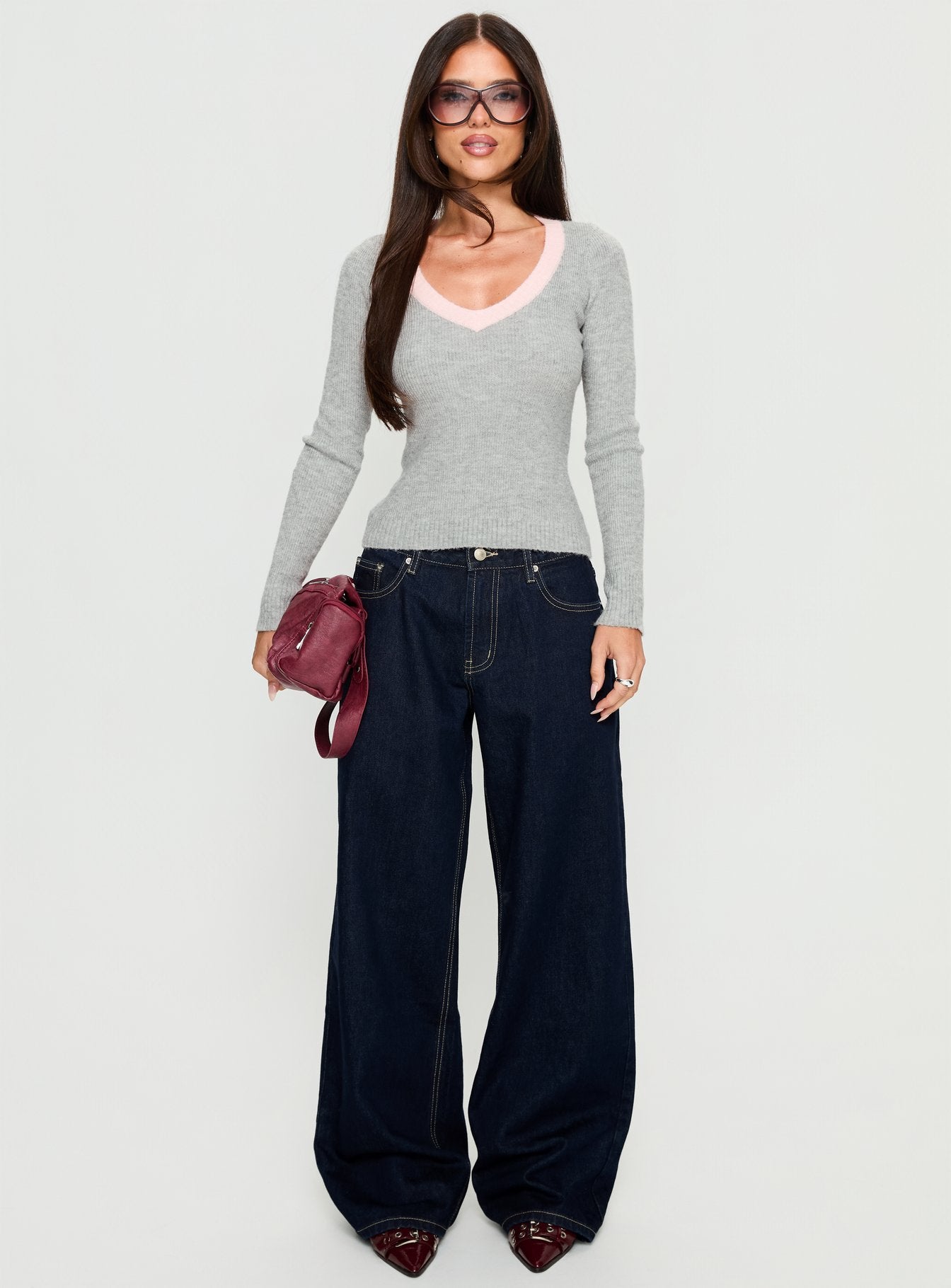 Vanita V Neck Long Sleeve Top Grey Pink - Image 6
