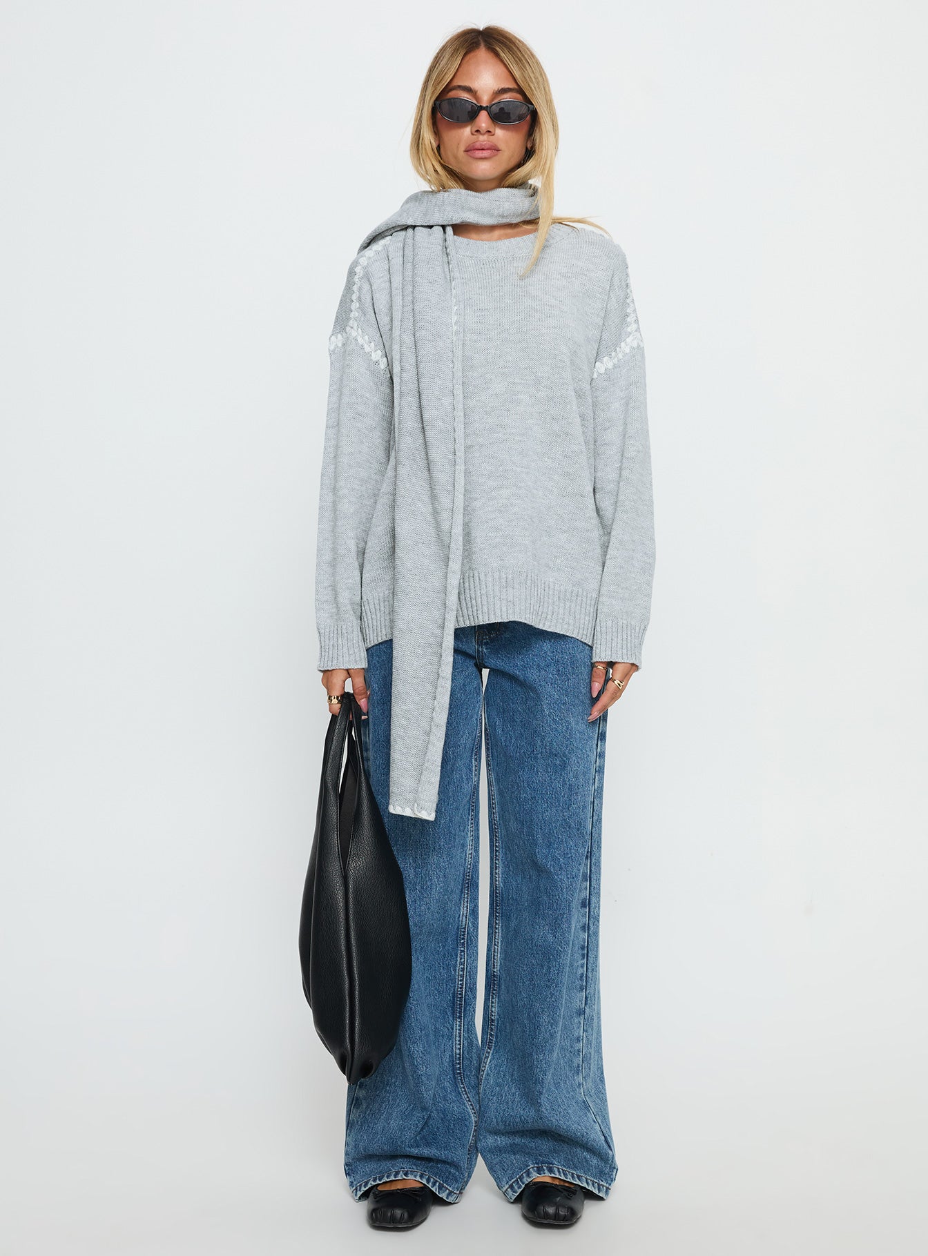 Keriana Contrast Stitch Knit Sweater Grey White - Image 7