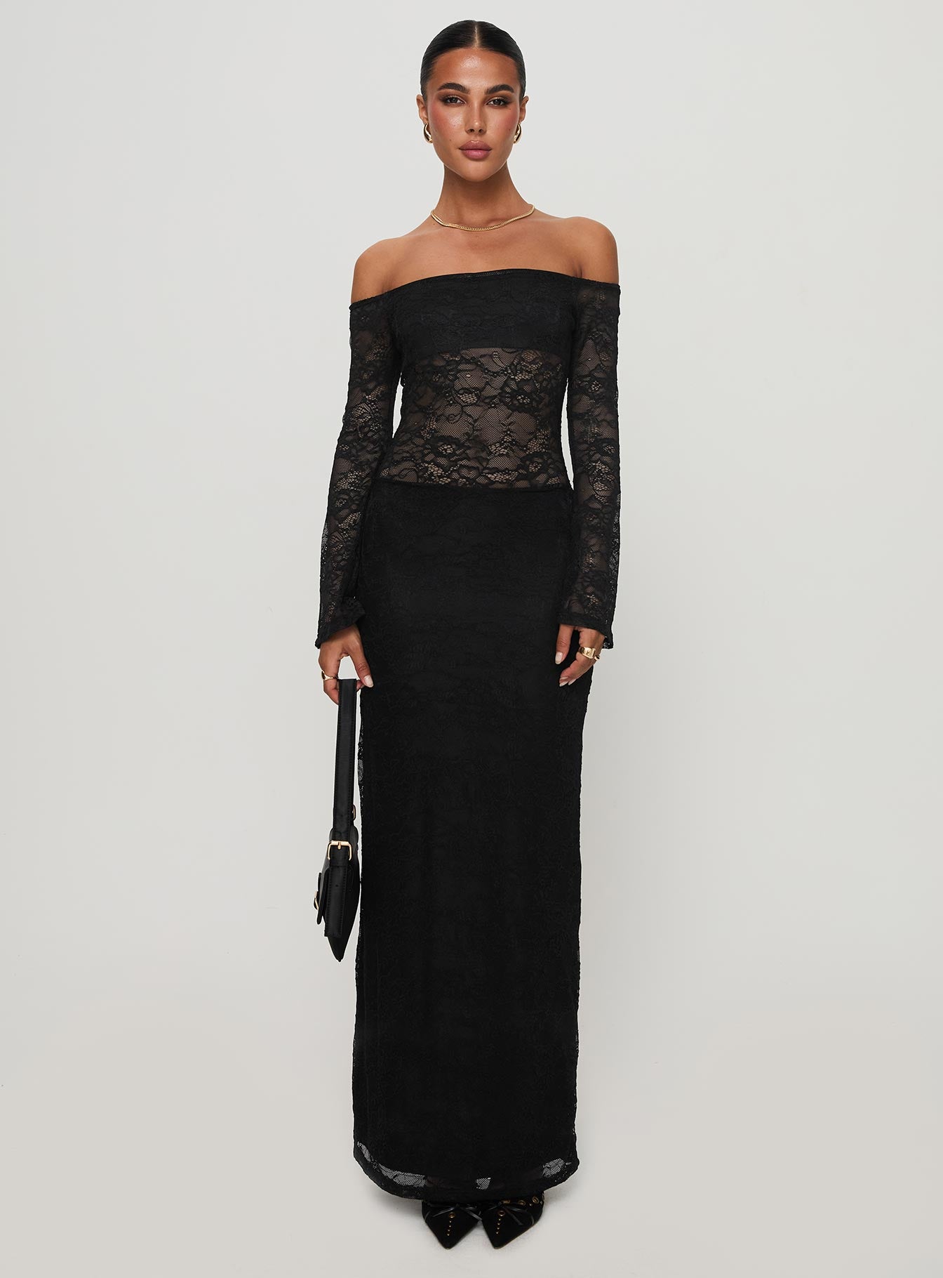 Pinot Grigio Long Sleeve Lace Maxi Dress Black - Image 7