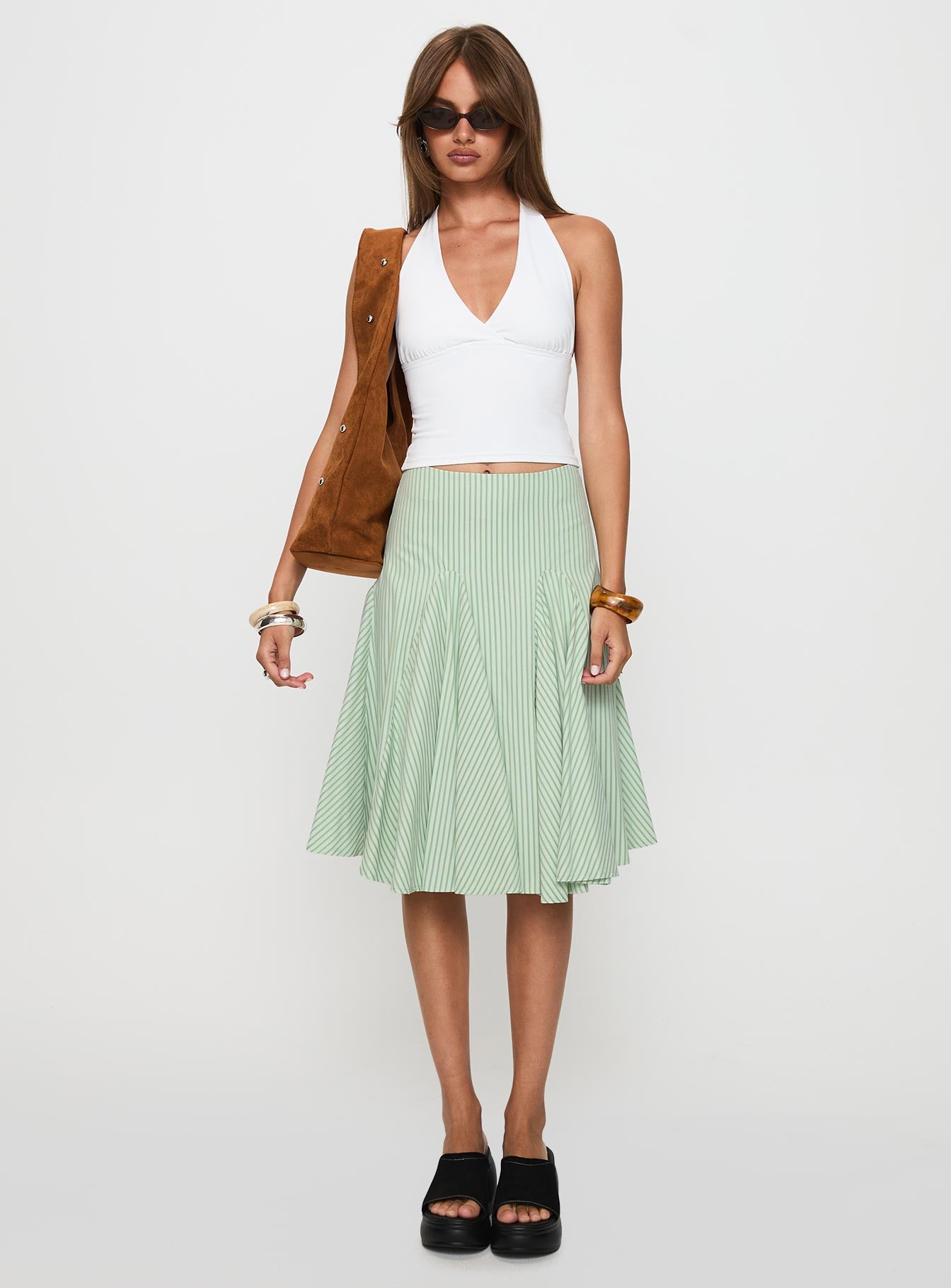 Evangaleine Pleat Midi Skirt Green White - Image 7
