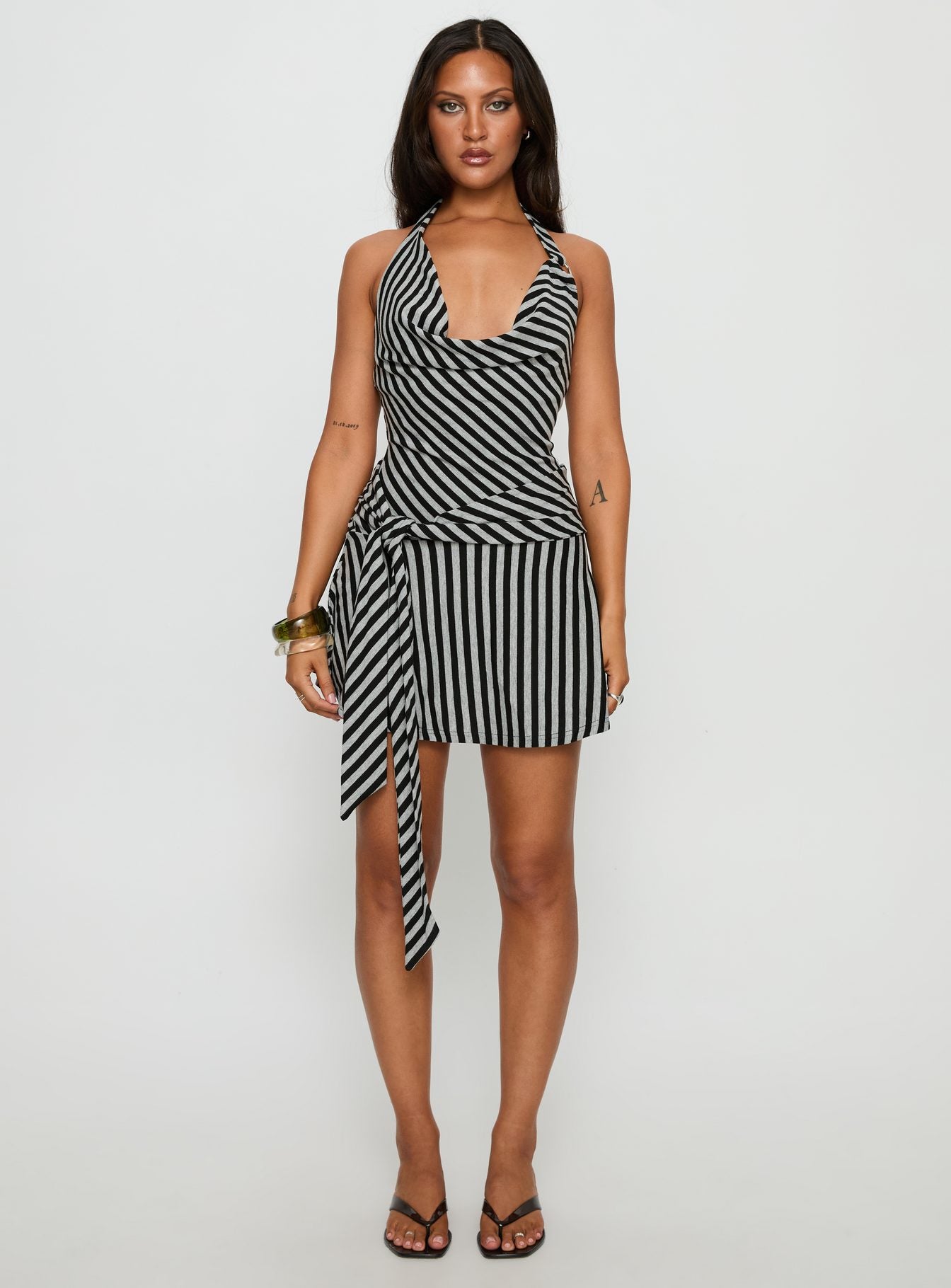 Terika Plunge Neck Halter Mini Dress Grey Black - Image 7