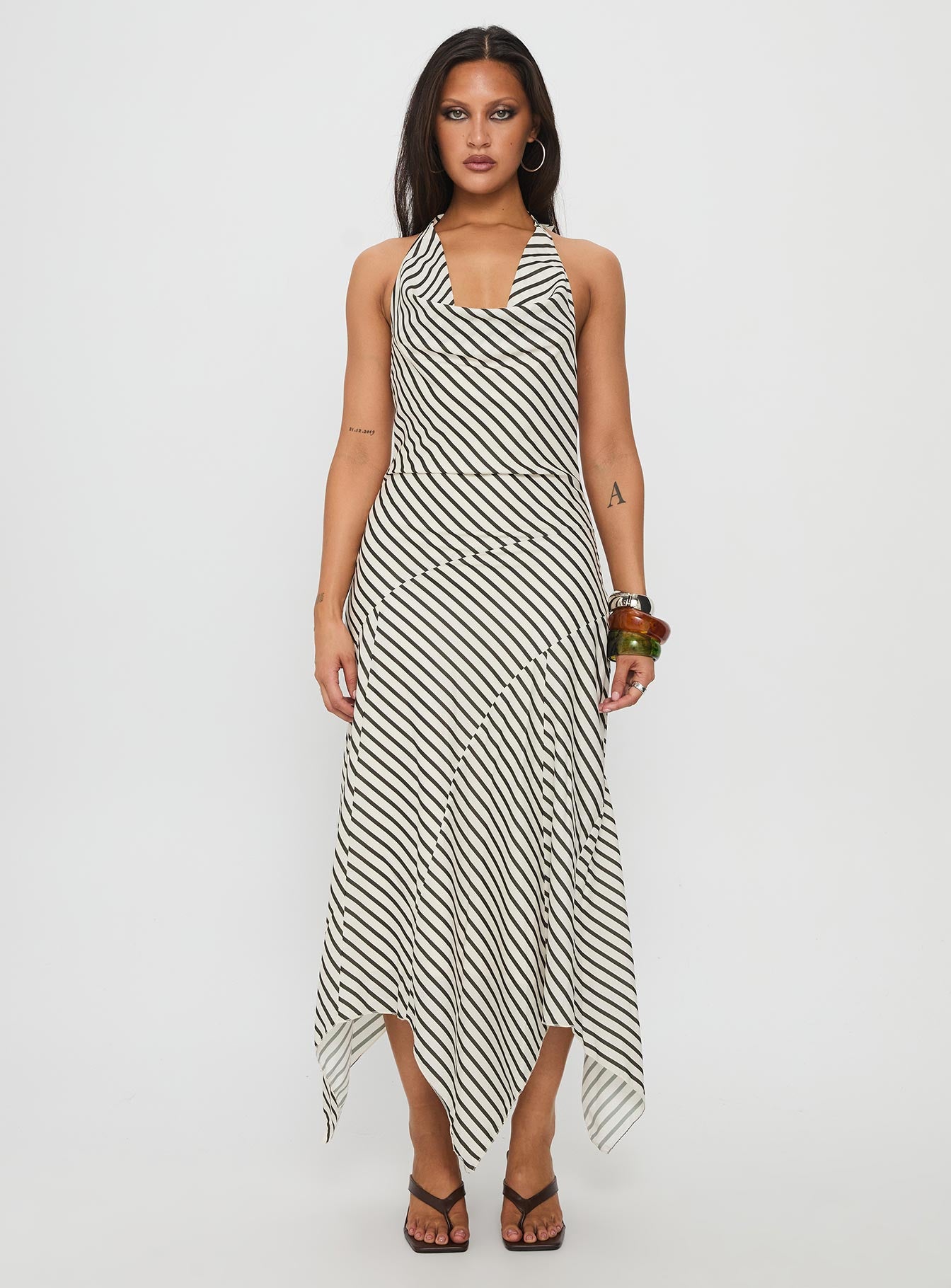 Junipa Halter Asymmetrical Maxi Dress White Stripe - Image 7