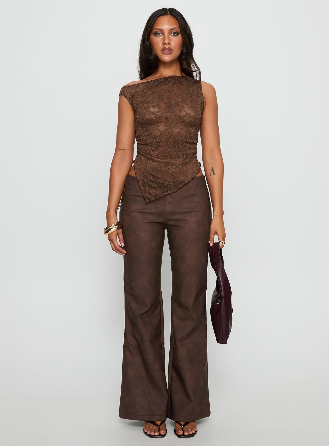 Decia One Shoulder Lace Top Brown - Image 7