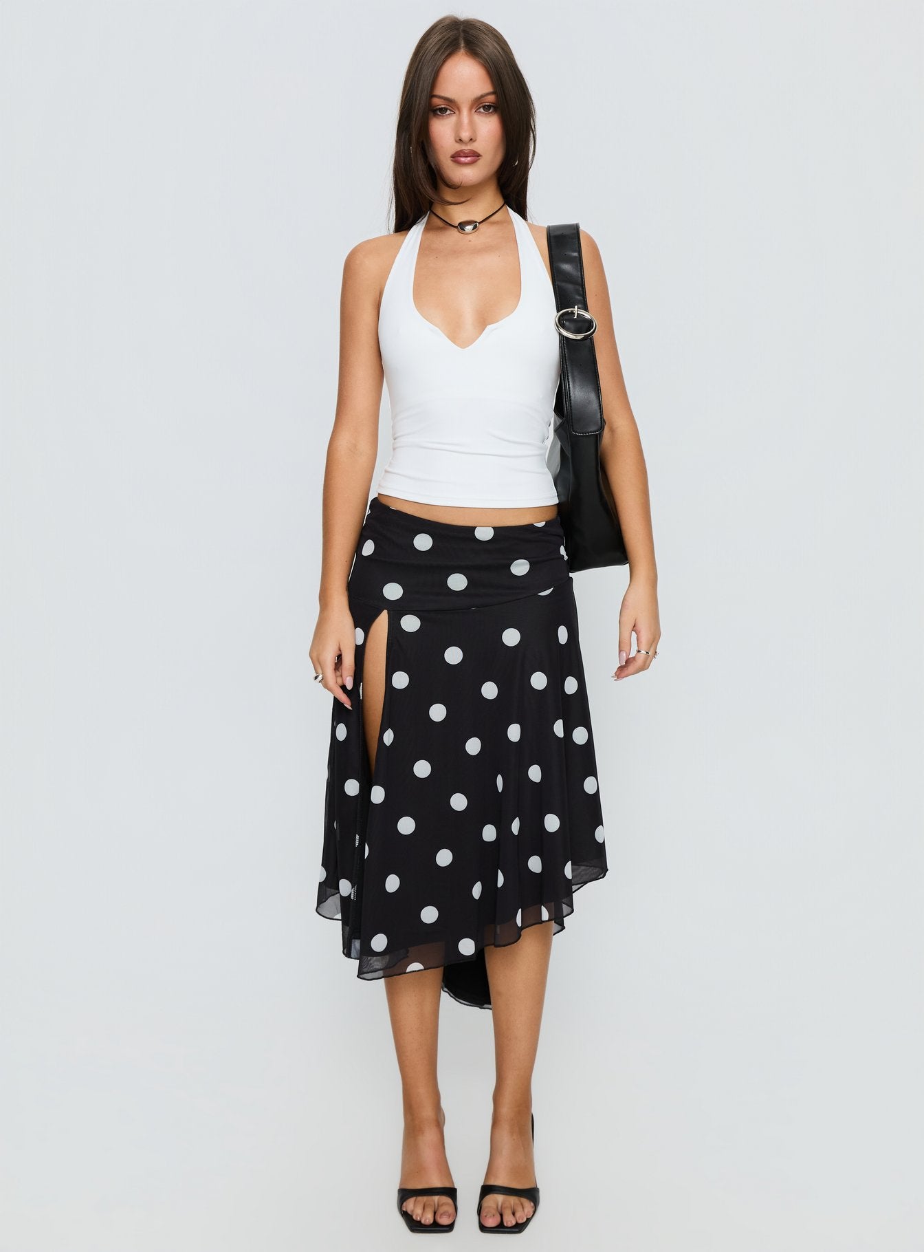 Dulciana High Split Asymmetrical Midi Skirt Black Polka Dot - Image 7