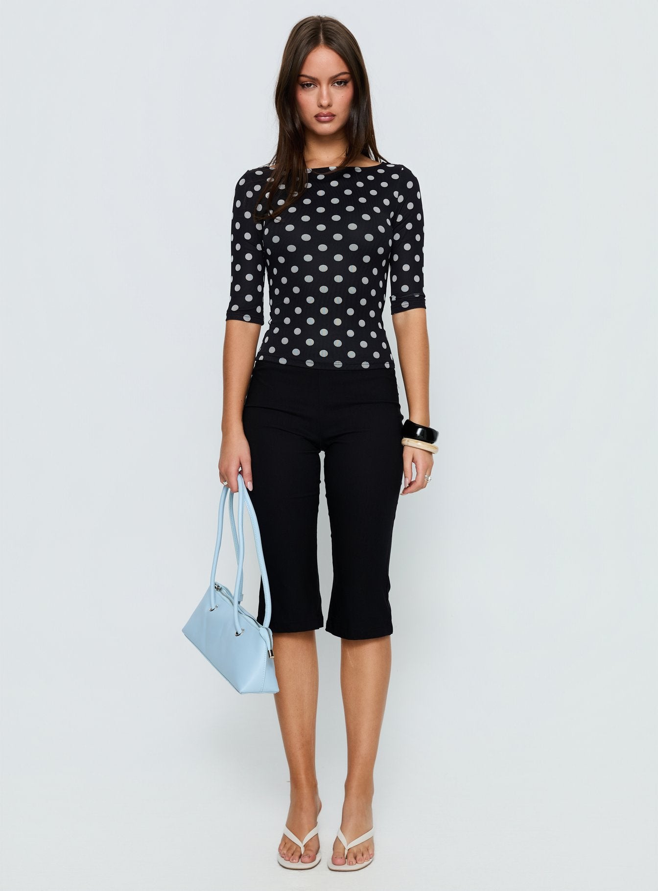 Venna 34 Sleeve Boat Neck Top Black White Polka - Image 7