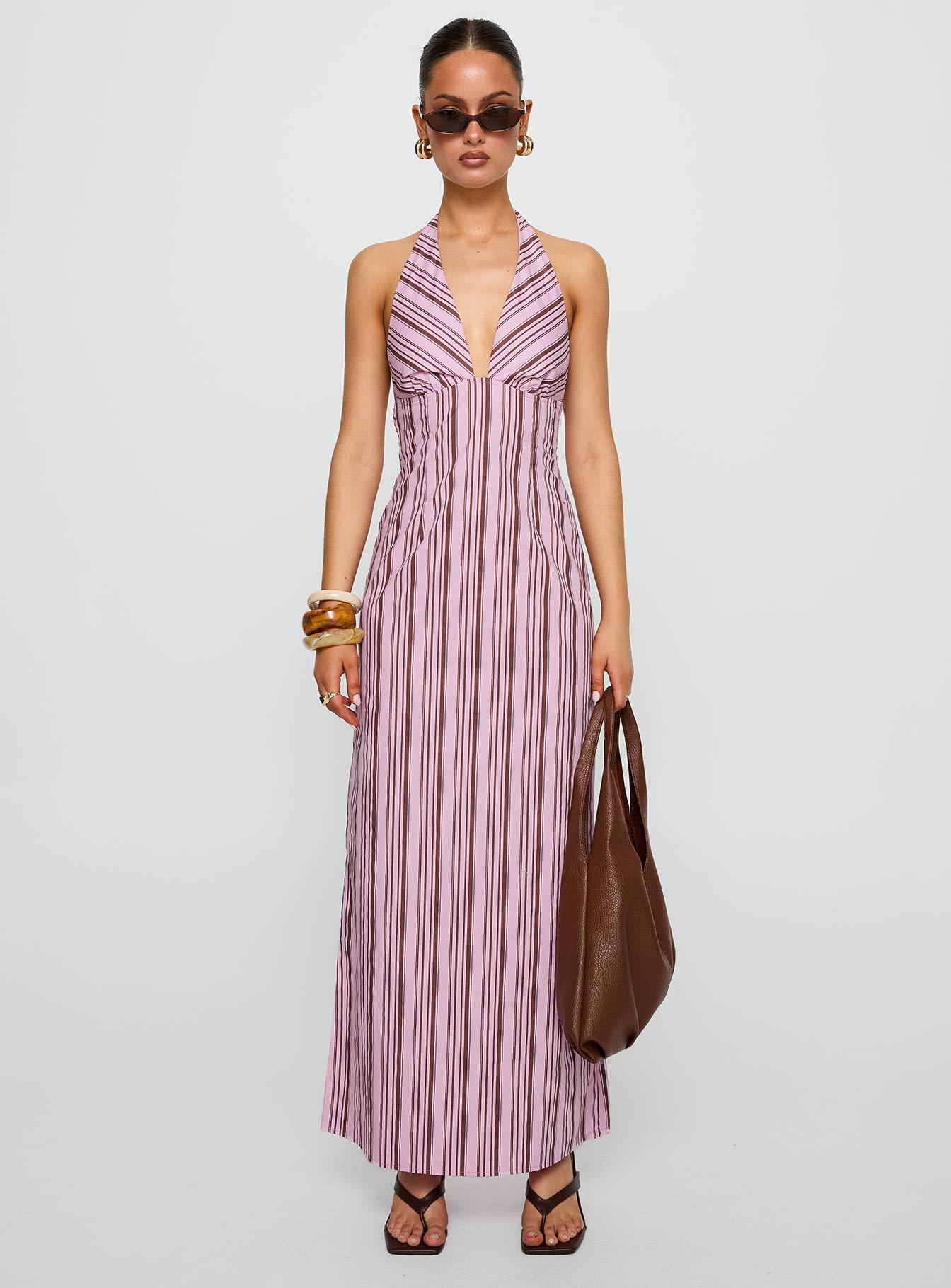 Avrie Halter Maxi Dress Pink Brown Stripe - Image 7
