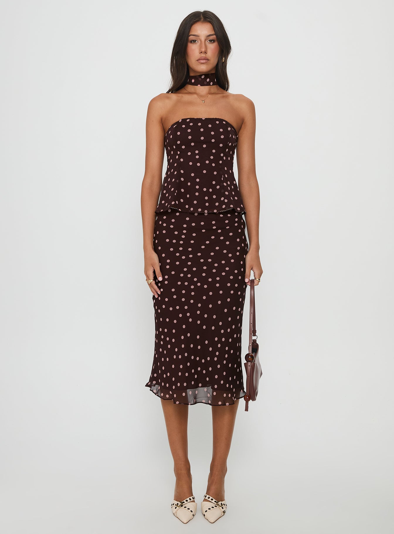 Sydni Scarf Detail Strapless Top Chocolate Pink Polka - Image 7