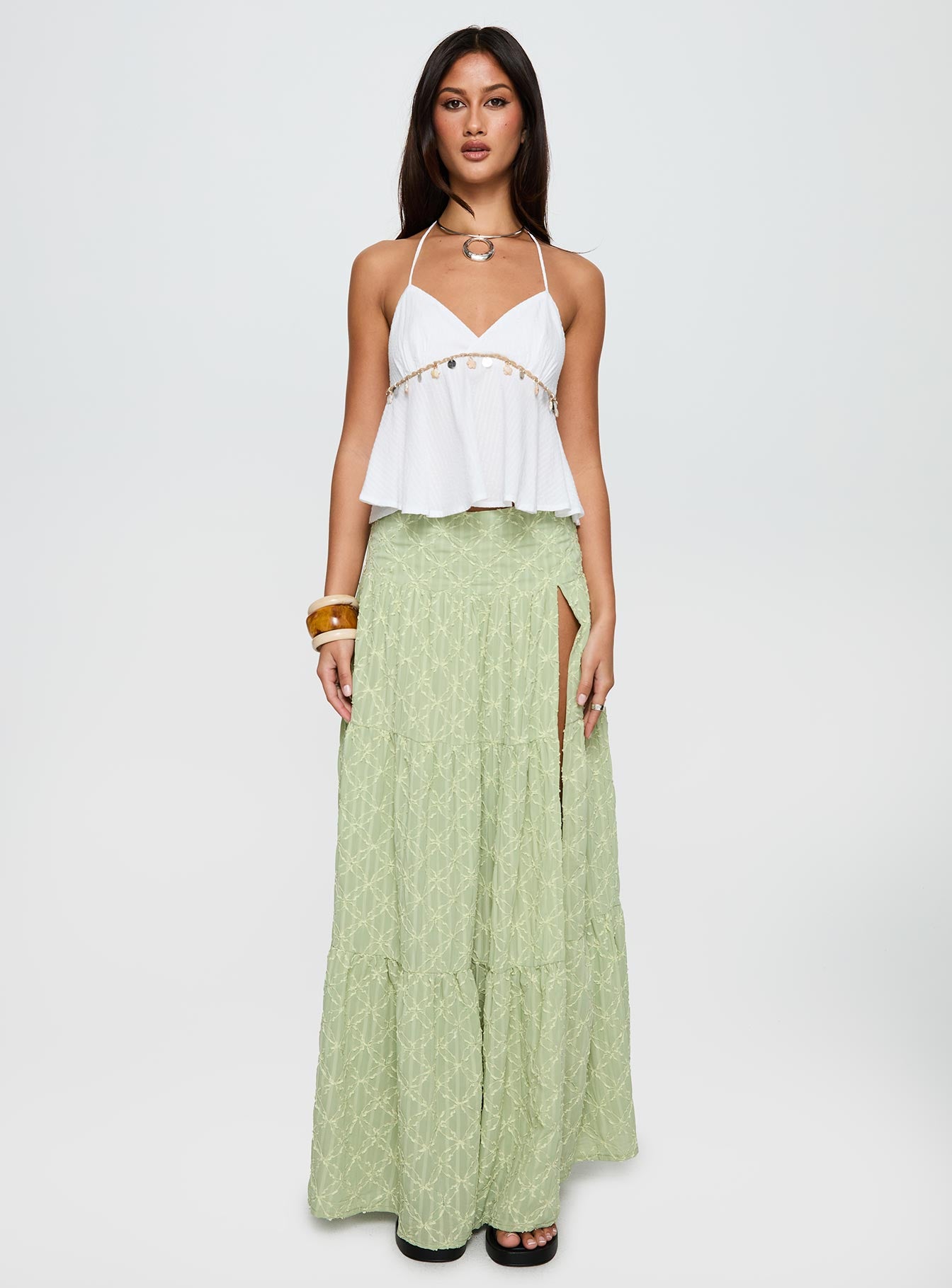 Silver Soul Embroidered Maxi Skirt Sage - Image 6