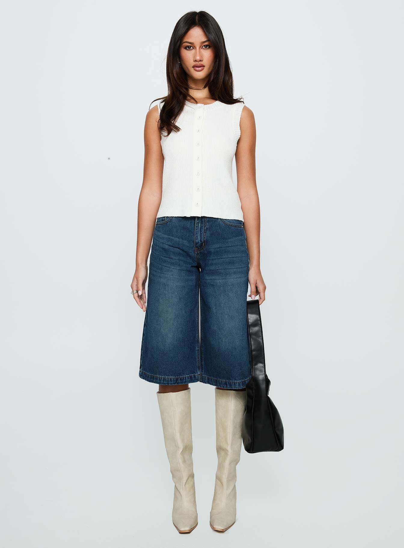 Simie Button Front Rib Top White - Image 7