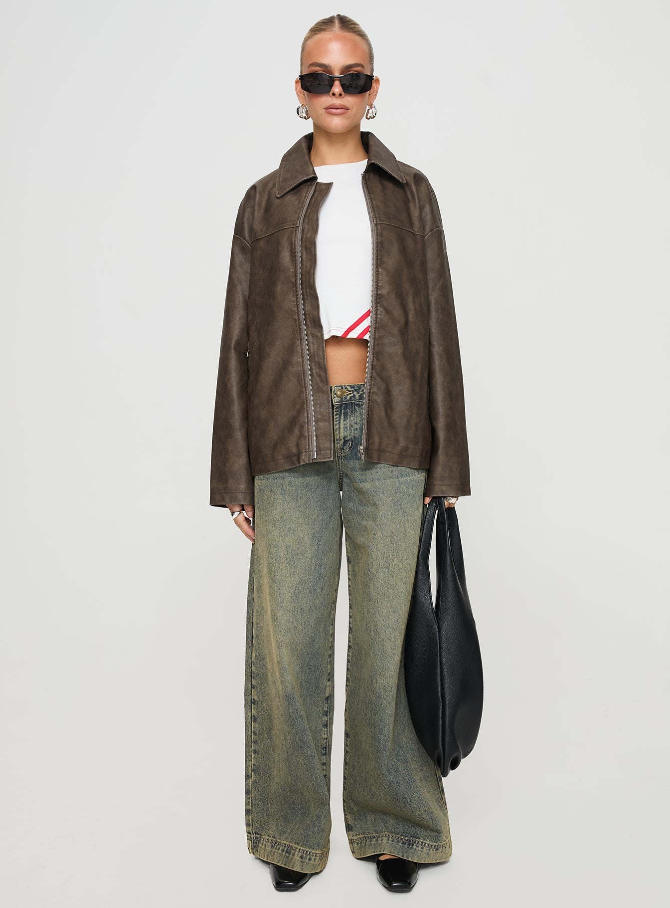 Faux Leather Collared Dad Jacket Washed Brown - Image 7