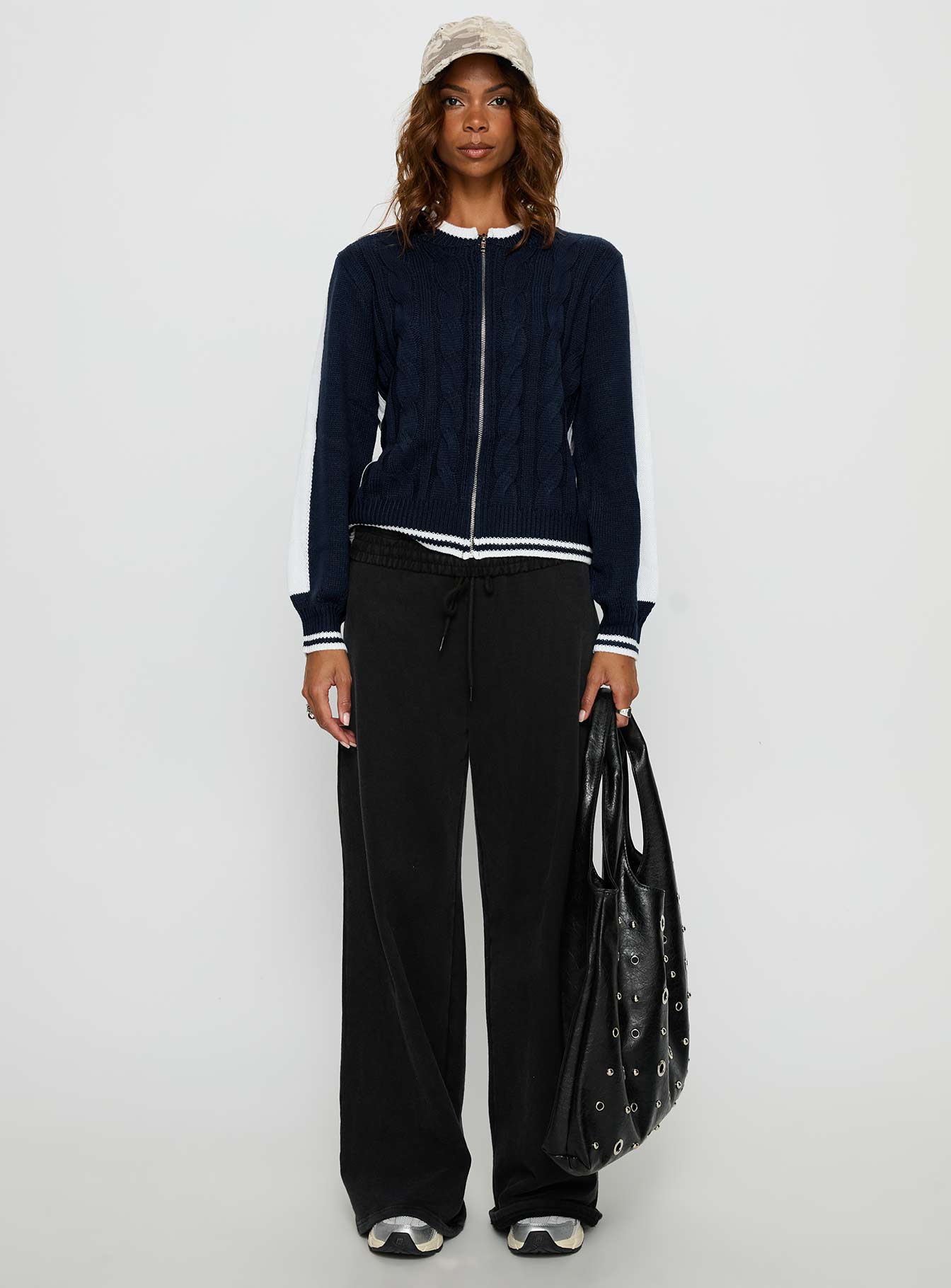 Tevyn Cable Knit Zip Through Knit Sweater Blue Cream - Image 6