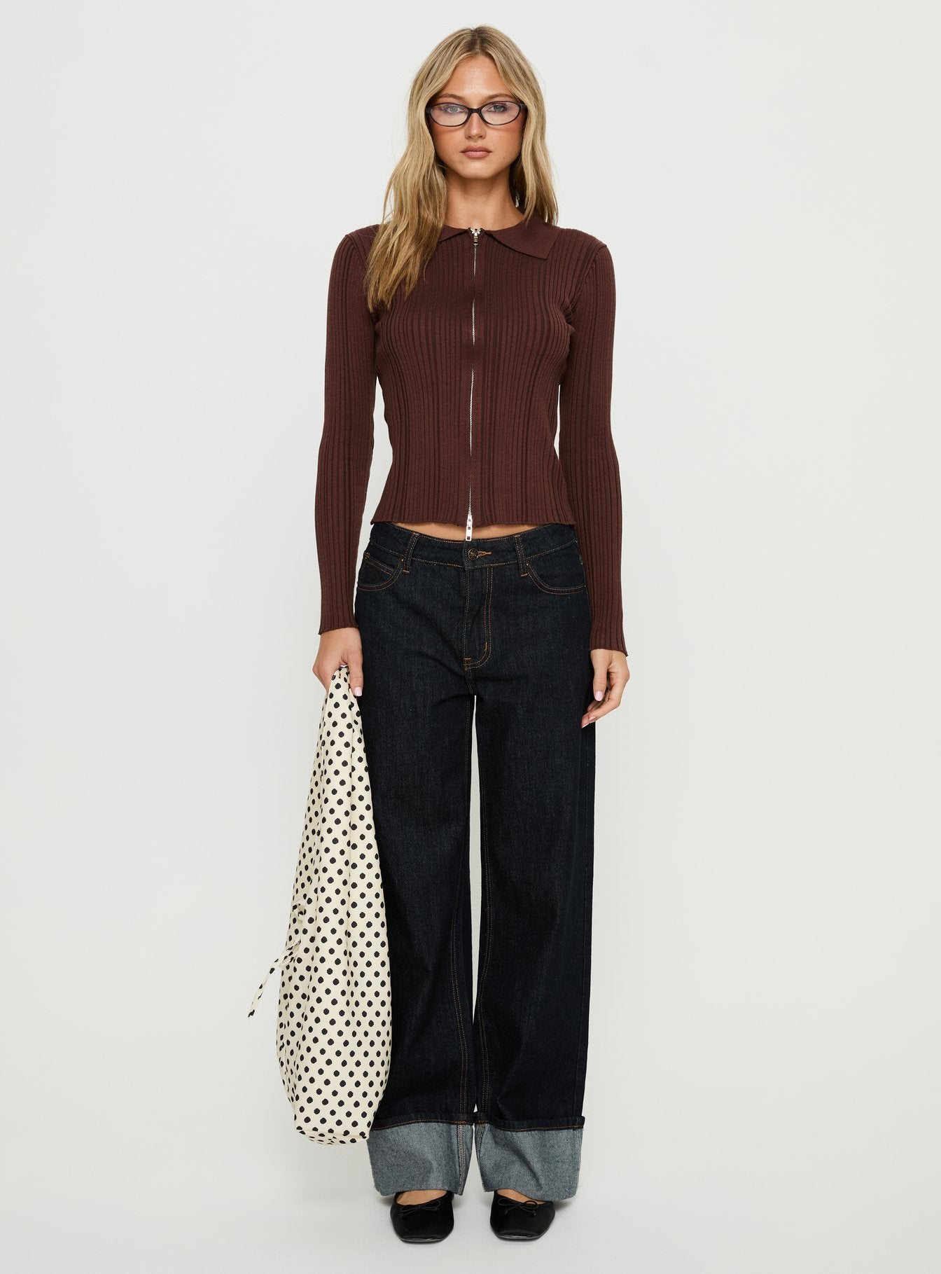 Tiaira Textured Zip Through Collared Long Sleeve Top Brown - Image 6