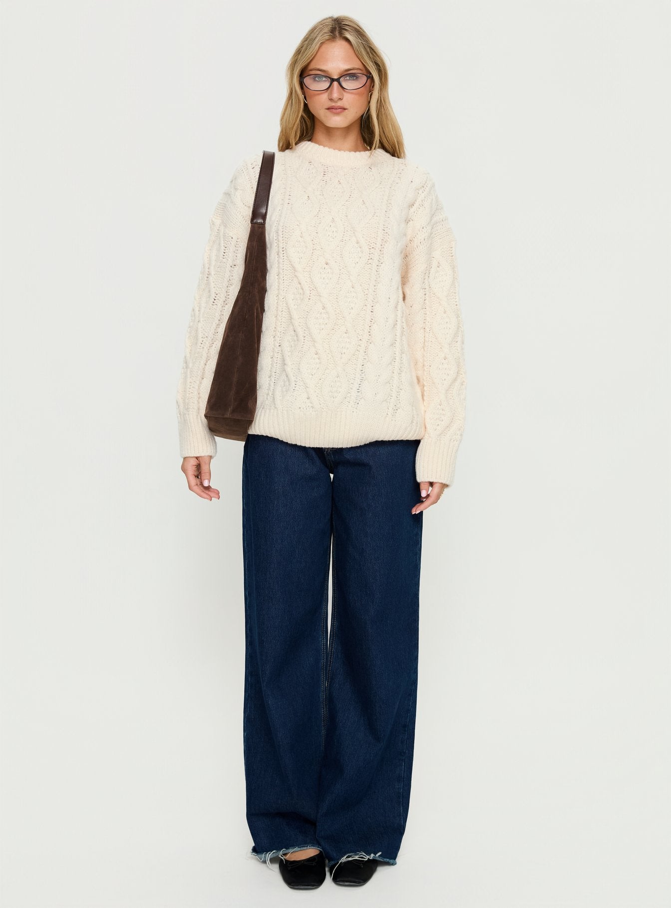 Rorey Cable Knit Crew Neck Sweater White - Image 7