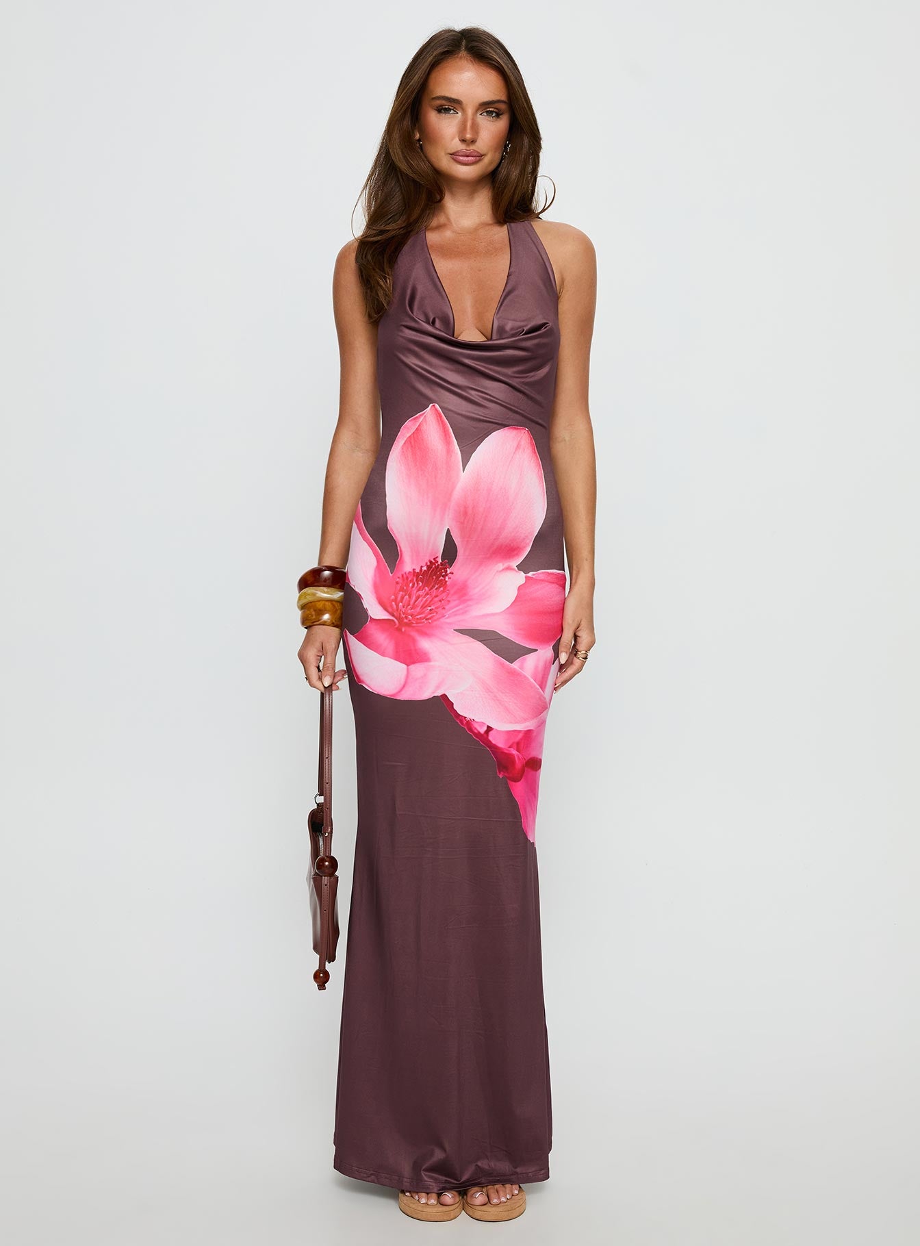 Raleina Halter Cowl Neck Maxi Dress Brown Floral - Image 7