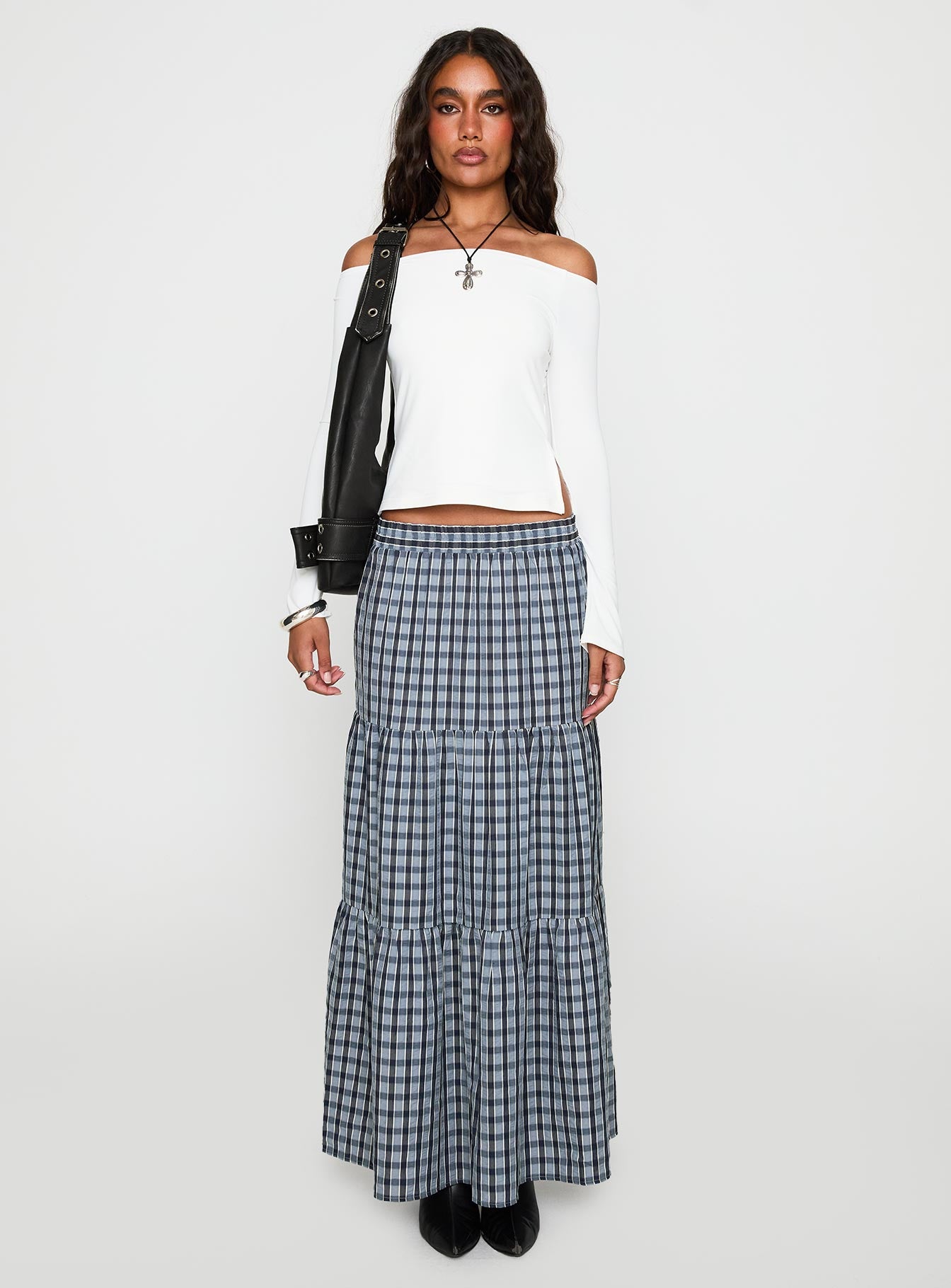 Rockwell Tiered Midi Skirt Navy Check - Image 7
