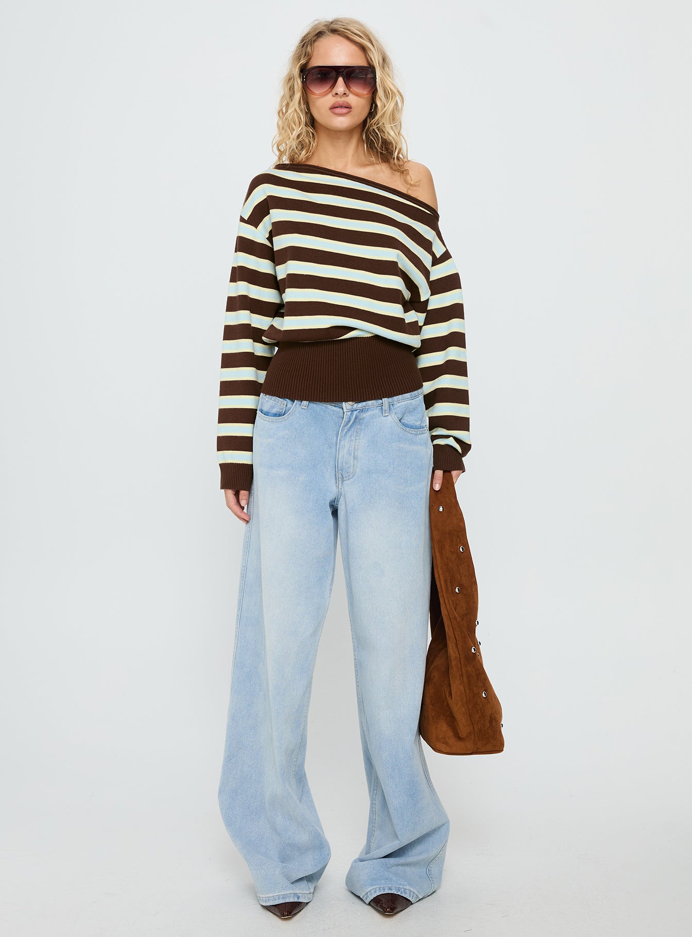 Zinia Off Shoulder Knit Sweater Brown Blue Stripe - Image 7